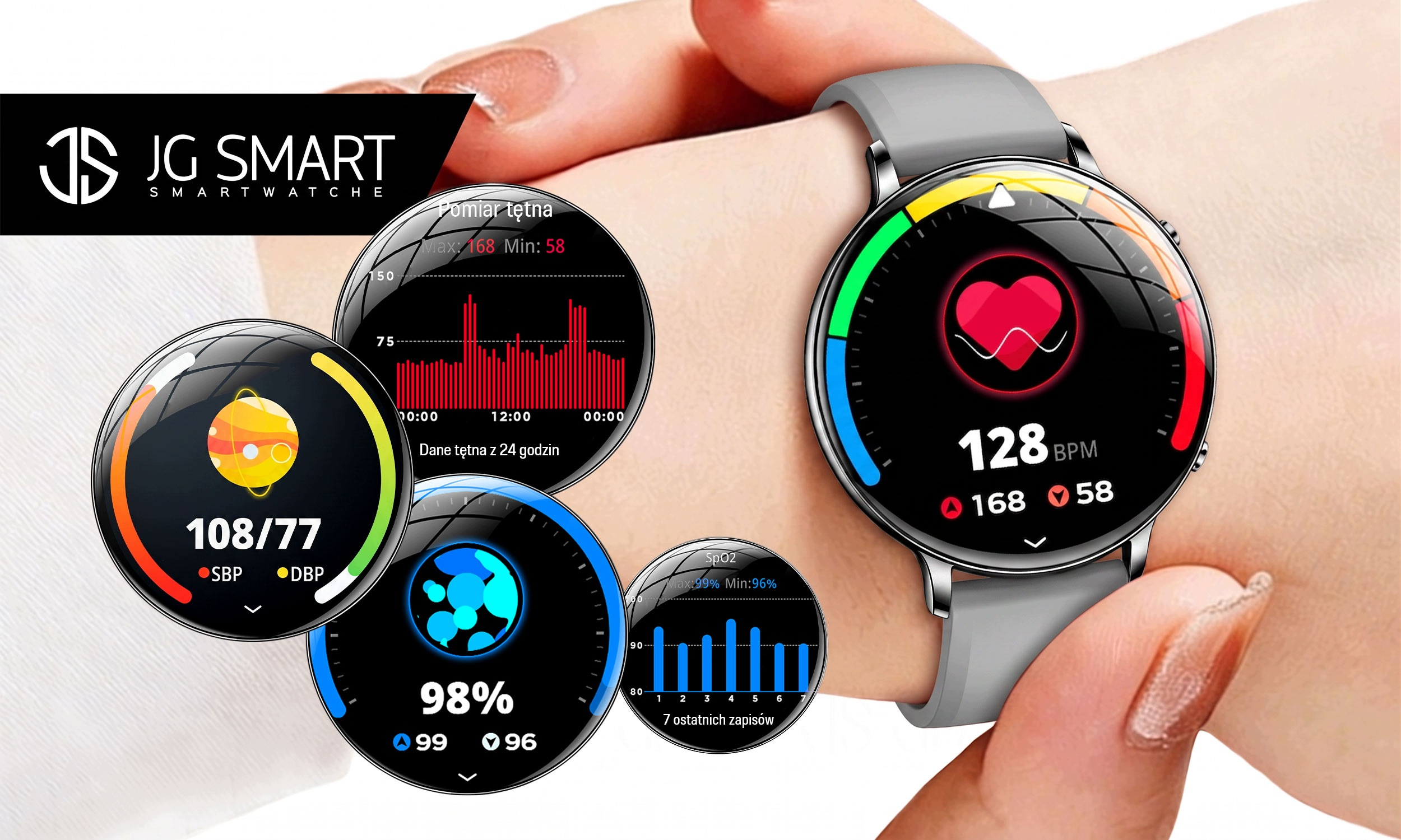 Smartwatch na nadgarstku wyświetla dane zdrowotne, takie jak tętno i ciśnienie krwi na ekranach.