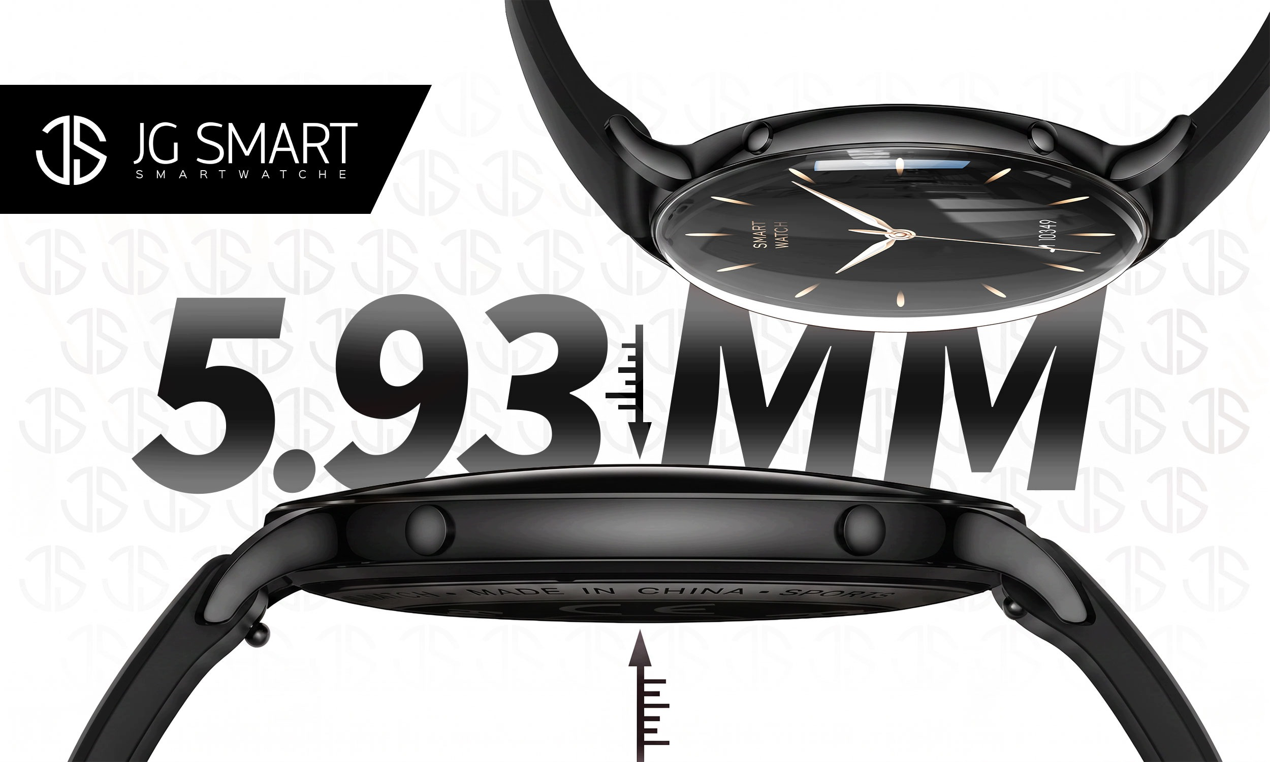 Czarny smartwatch JG prezentuje swój cienki profil 5,93 mm w dwóch widokach na tle z logo.