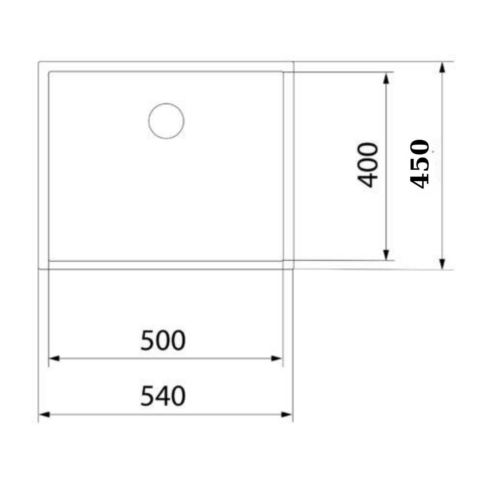 540x450 mm ölçülerinde dikdörtgen bir evyenin teknik resmi.