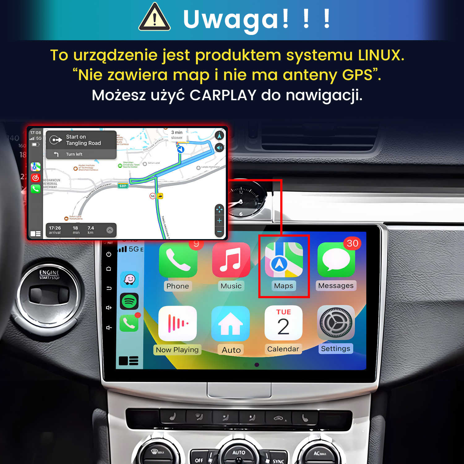System Linux Carplay w samochodzie z aplikacjami i nawigacją GPS na ekranie.