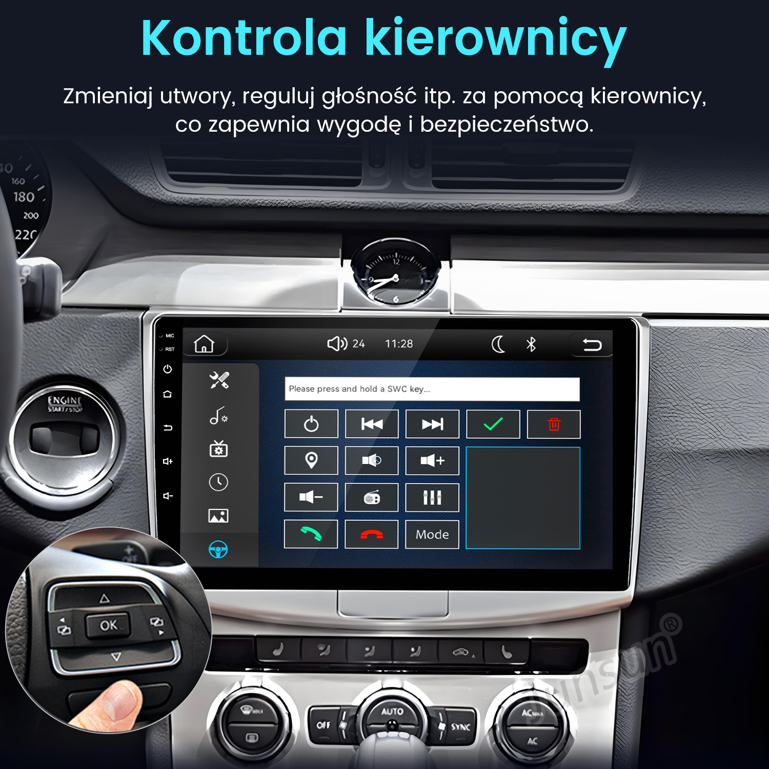Wnętrze samochodu z ekranem dotykowym i menu sterowania z kierownicy.