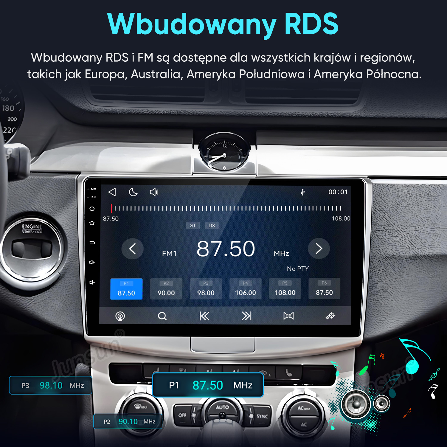 Ekran dotykowy radia samochodowego wyświetla częstotliwość FM 87.50 MHz i przyciski sterujące.