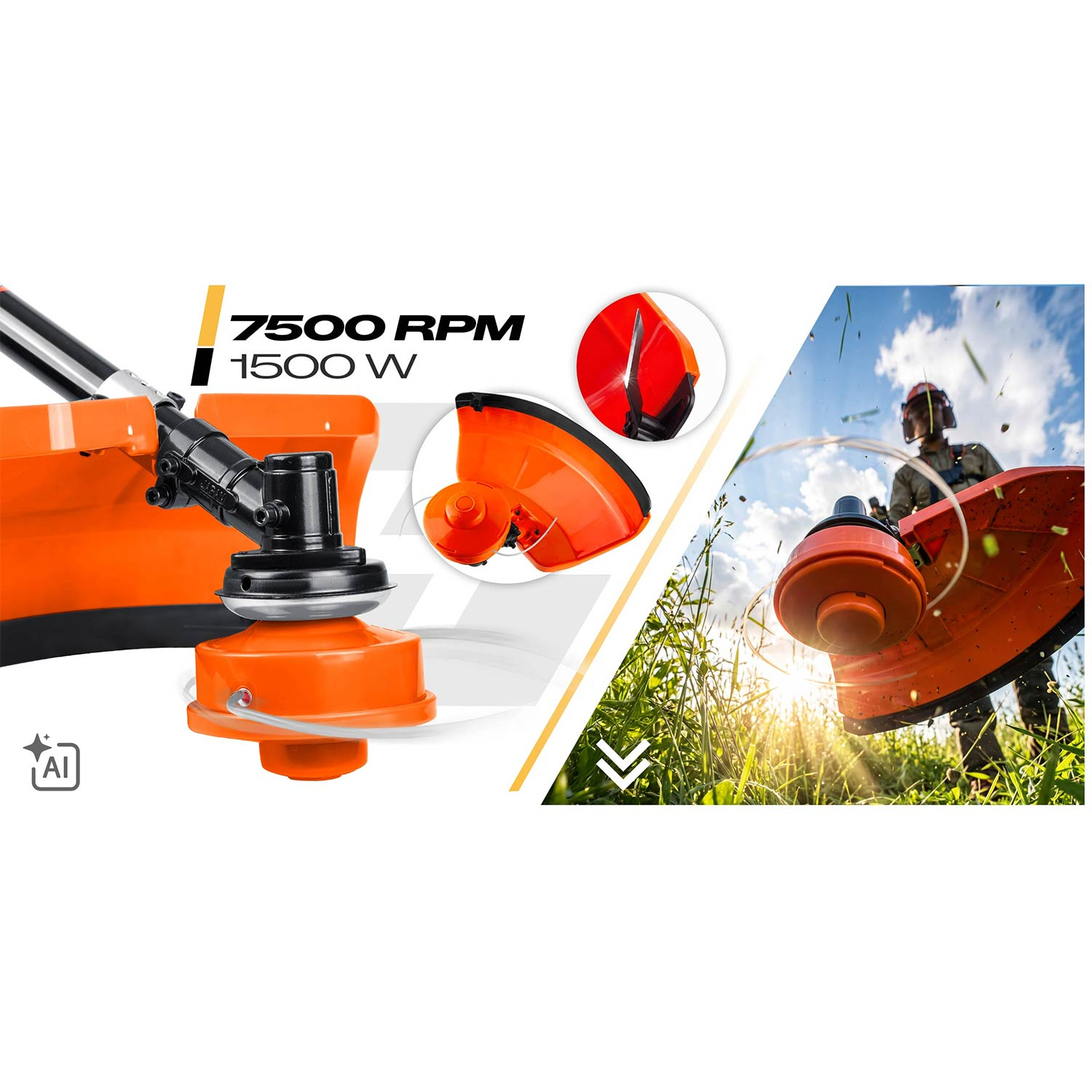 Pomarańczowa podkaszarka 7500 obr./min i 1500 W podczas pracy na łące.