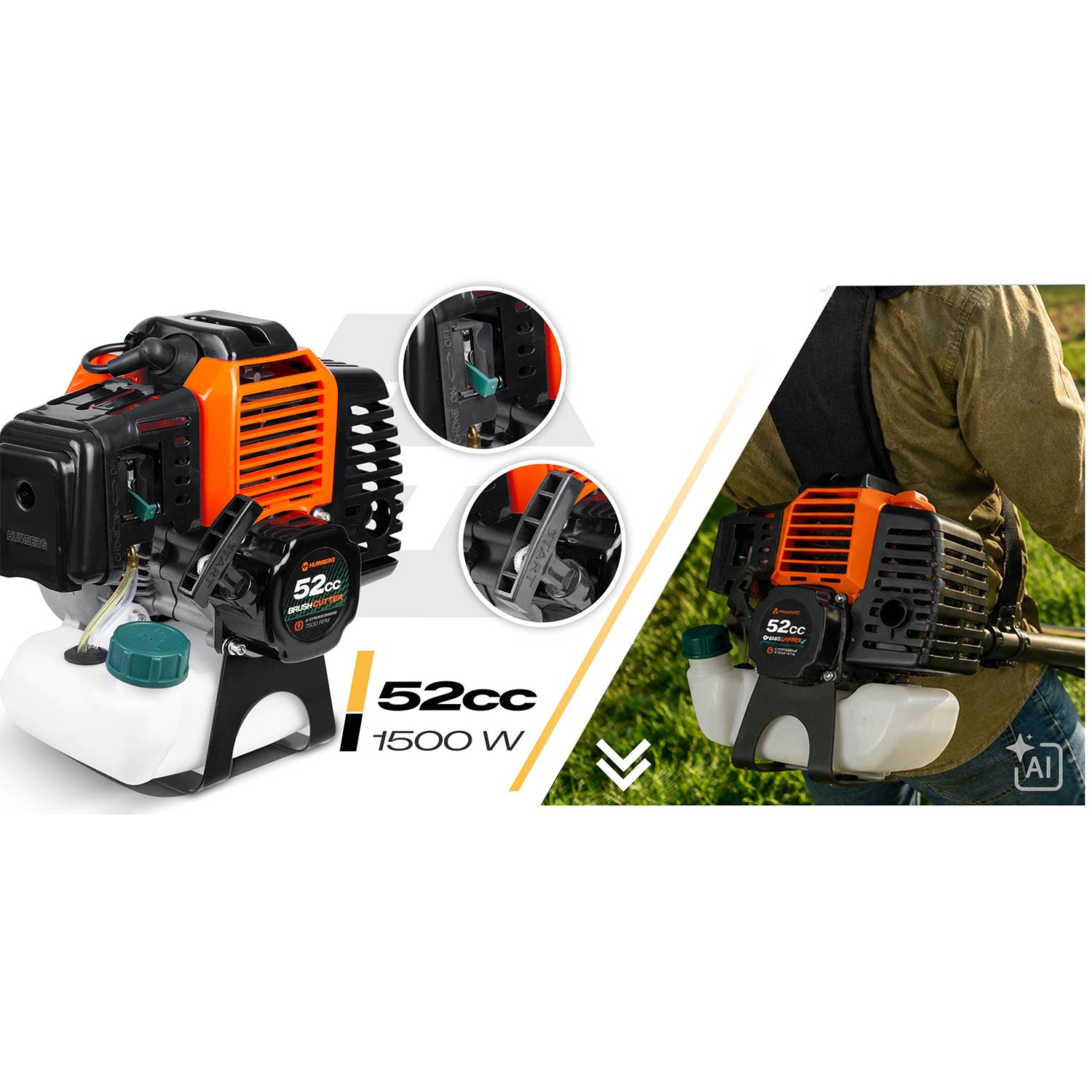 Silnik kosy spalinowej 52cc 1500W ze zbliżeniami detali, noszony na plecach.