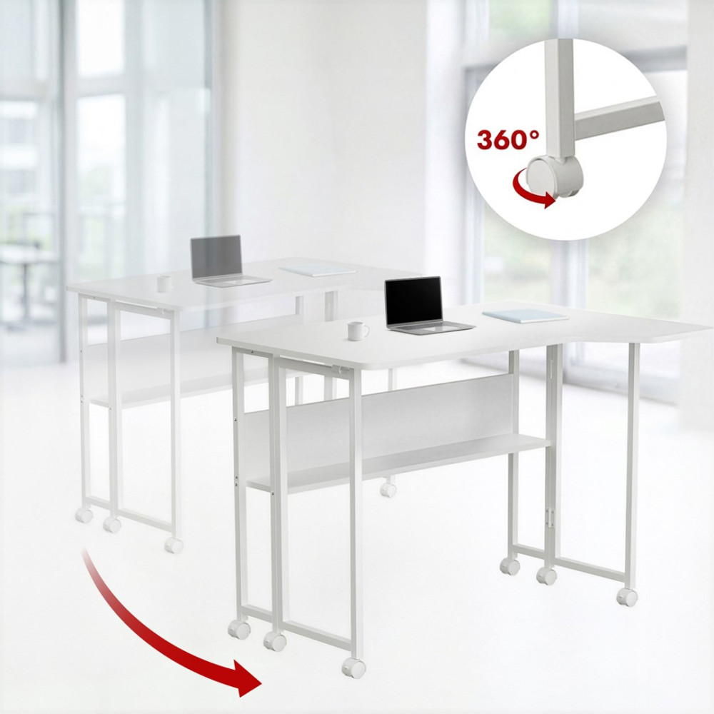 Dwa białe biurka z laptopami i kółkami, w kółku pokazano kółko obrotowe o 360 stopni.