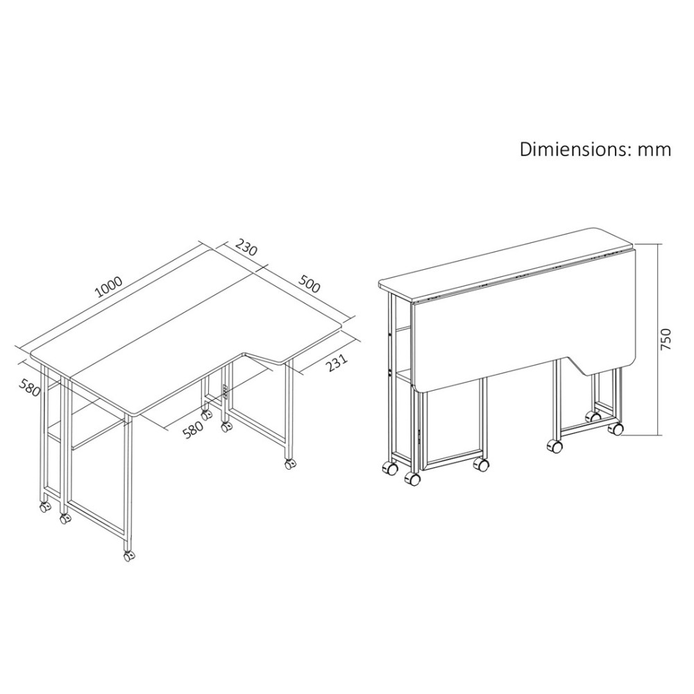 Rysunek techniczny składanego biurka z wymiarami w mm.