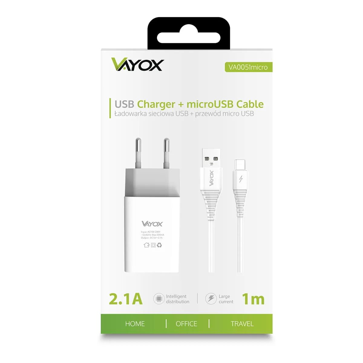 Fehér csomagolás Vayox USB töltőhöz microUSB kábellel, 2.1A kimenettel és 1m hosszal.
