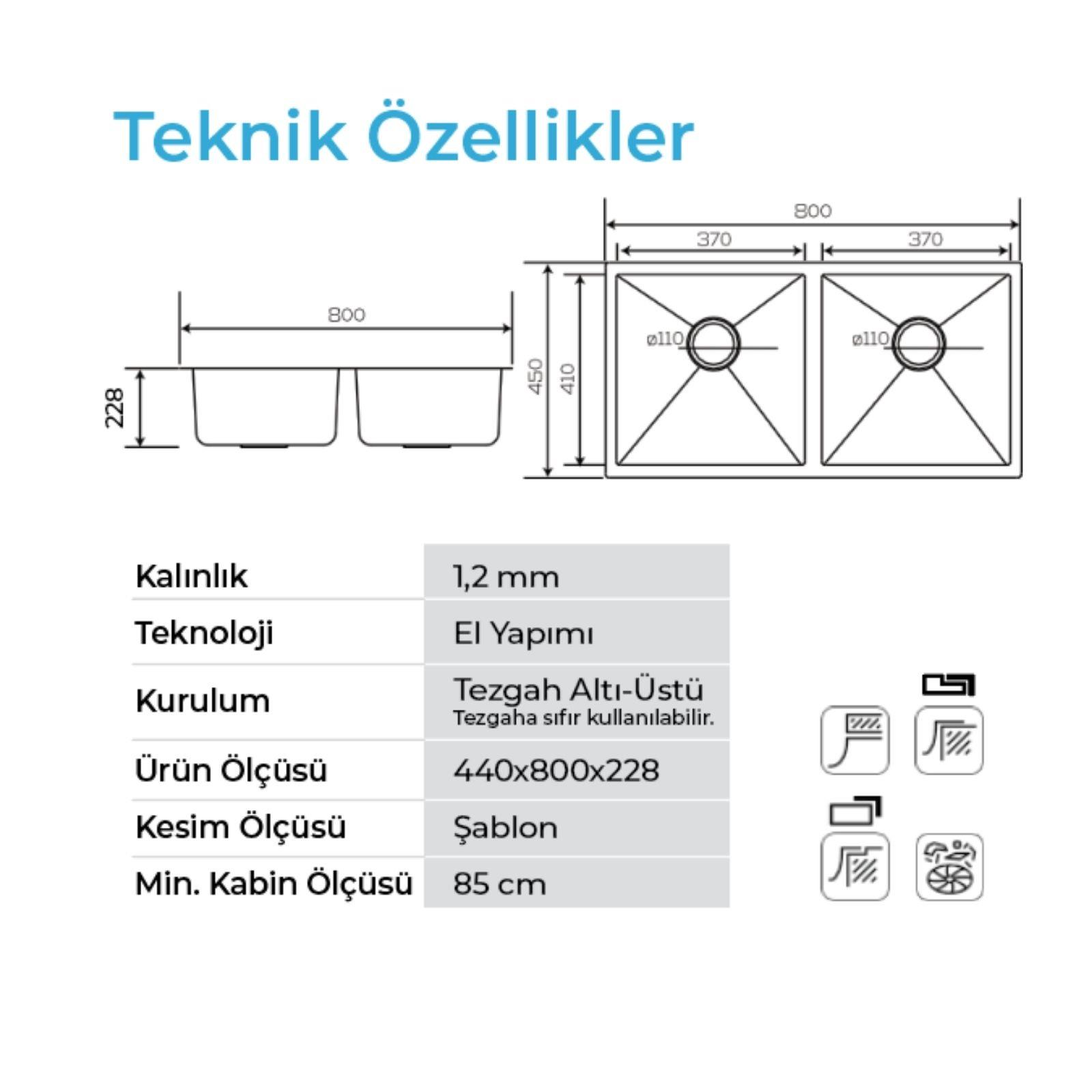Şemalar ve ölçümlerle birlikte çift gözlü bir evyenin teknik özellikleri ve ölçüleri.