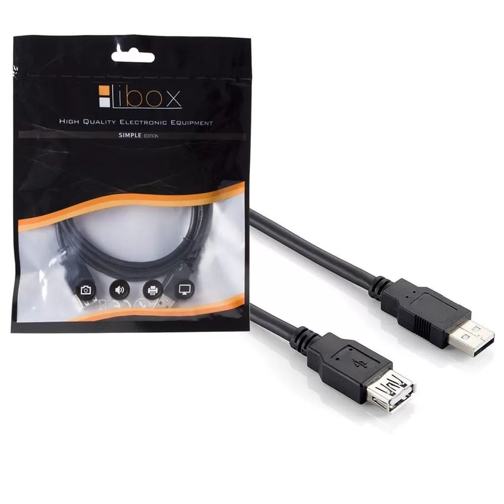 Czarny kabel przedłużający USB leży obok oryginalnego opakowania na białym tle.