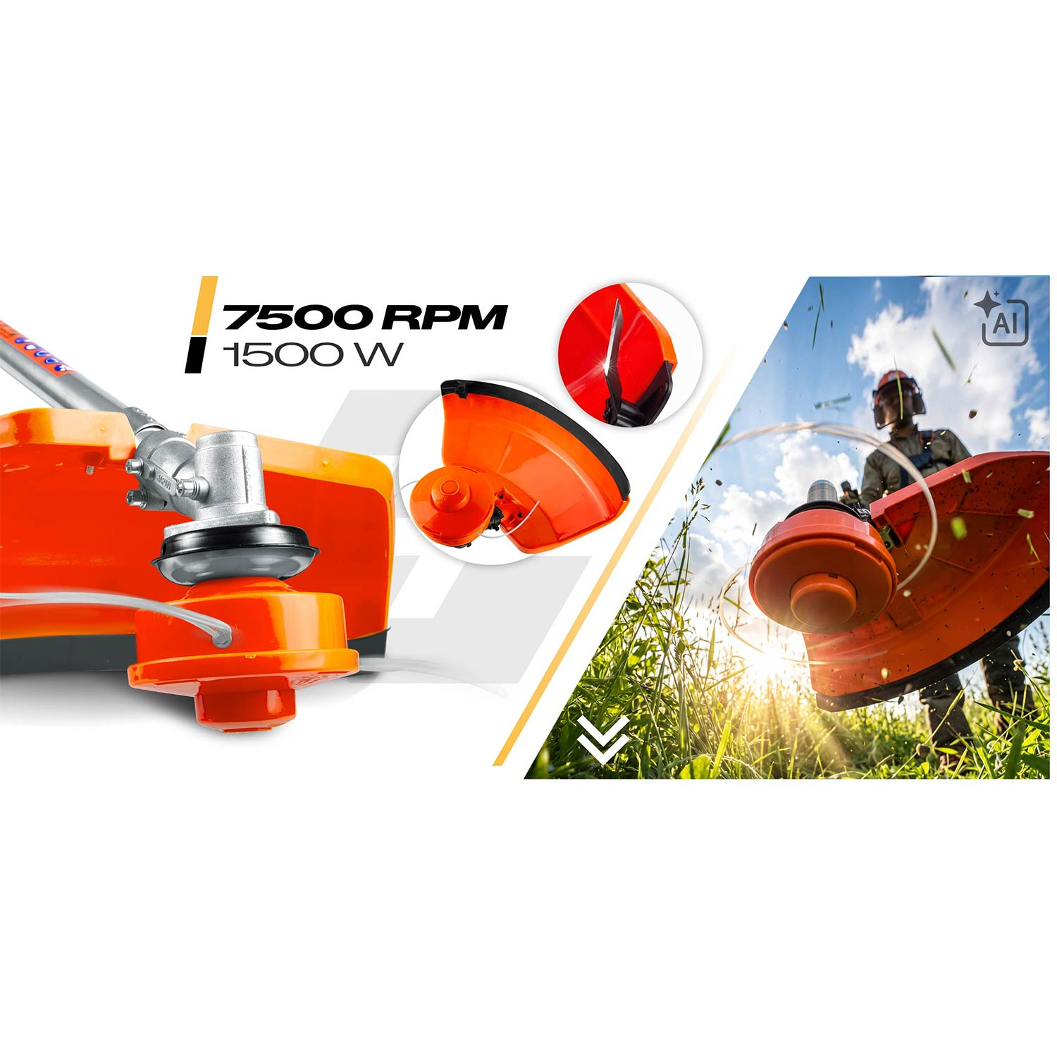 Pomarańczowa podkaszarka 7500 RPM i 1500 W obsługiwana przez osobę na zewnątrz.