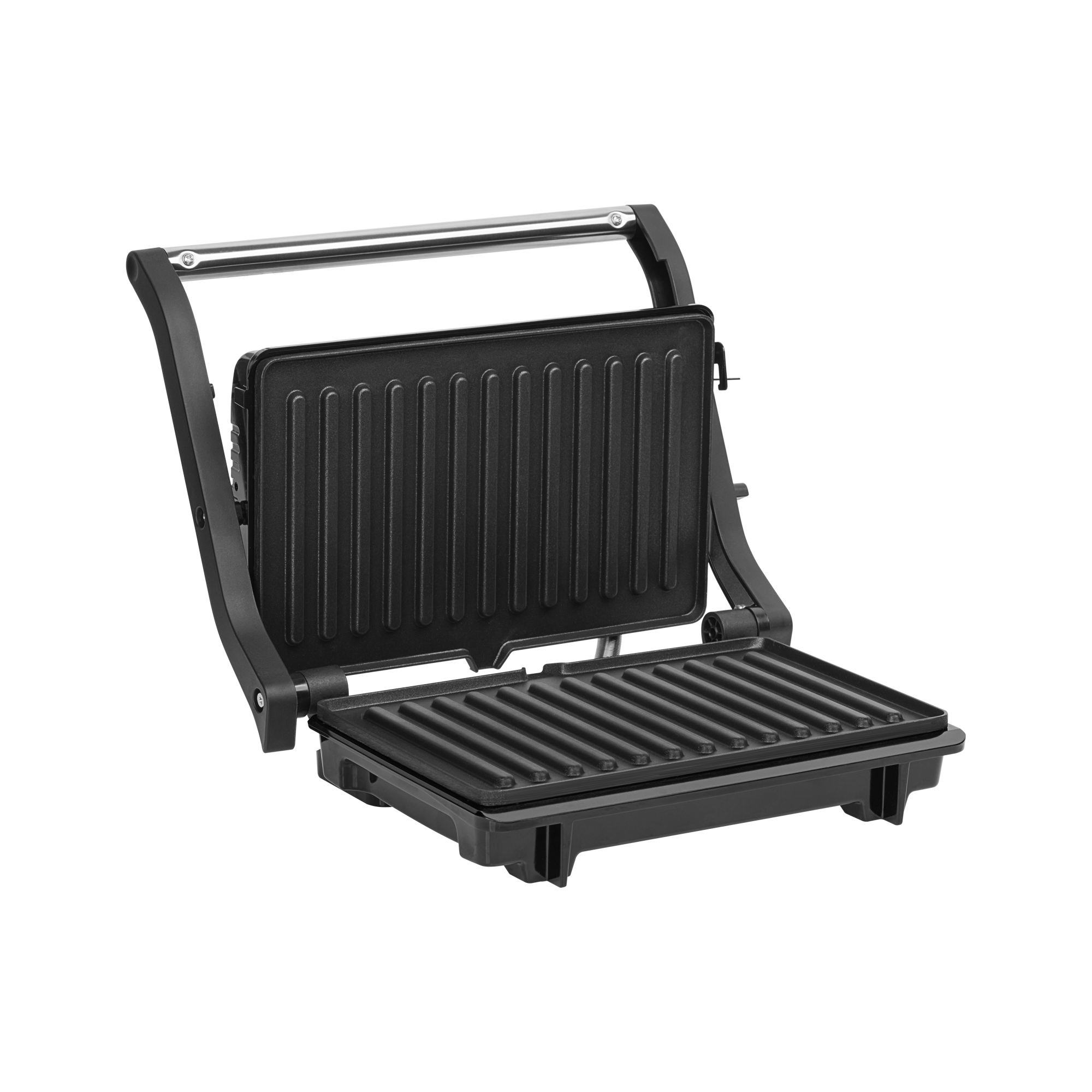 Czarny grill elektryczny z otwartymi płytami ryflowanymi i srebrnym uchwytem na czarnym tle.
