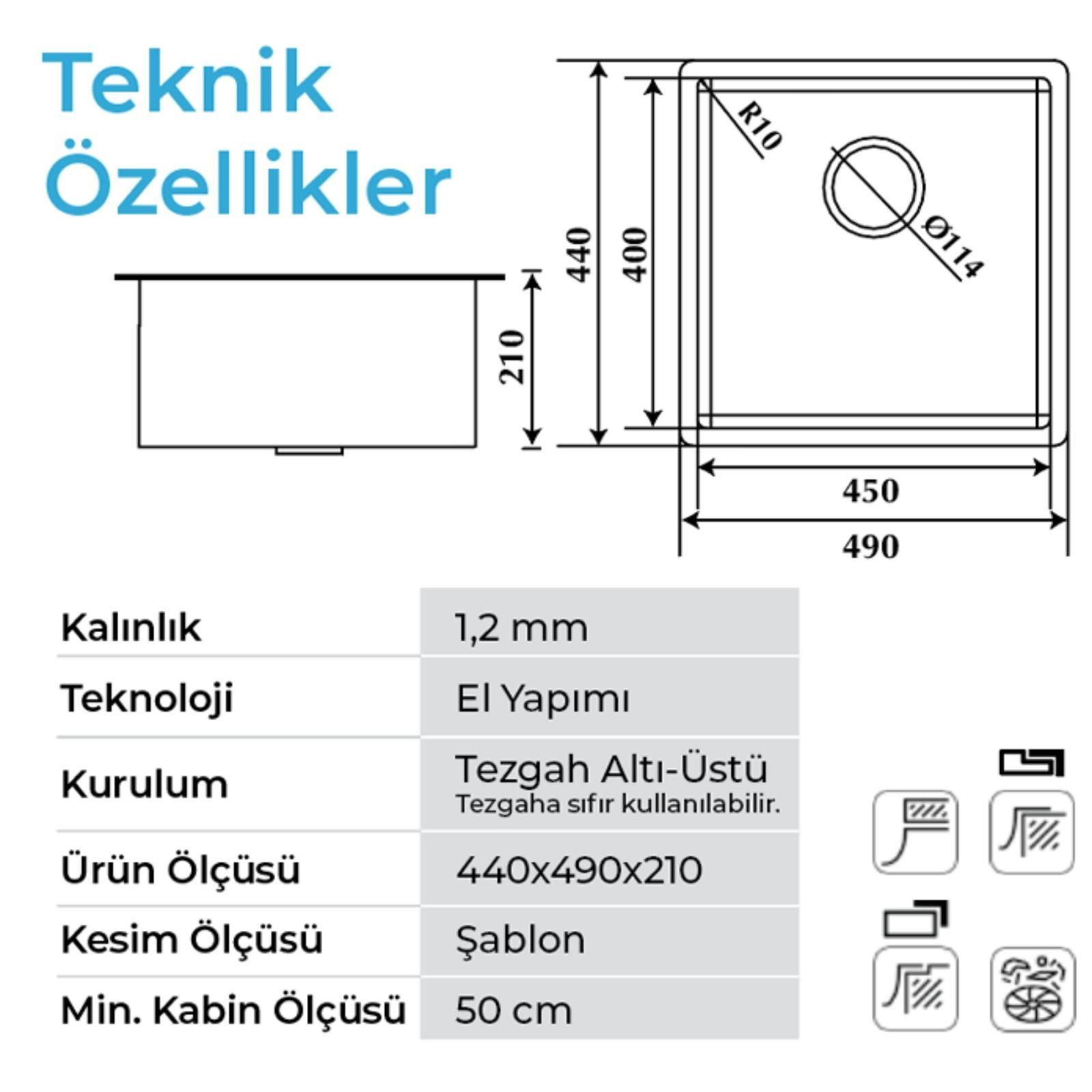 Ölçüleri ve teknik detayları içeren evye teknik çizimi.