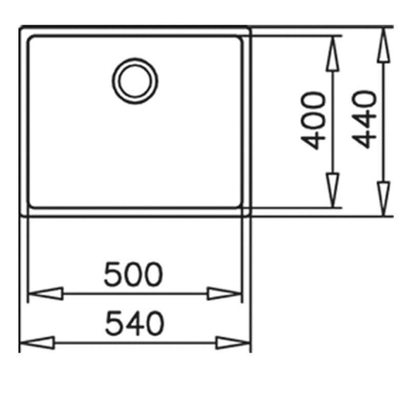 540x440 mm ölçülerinde bir evyenin teknik çizimi.