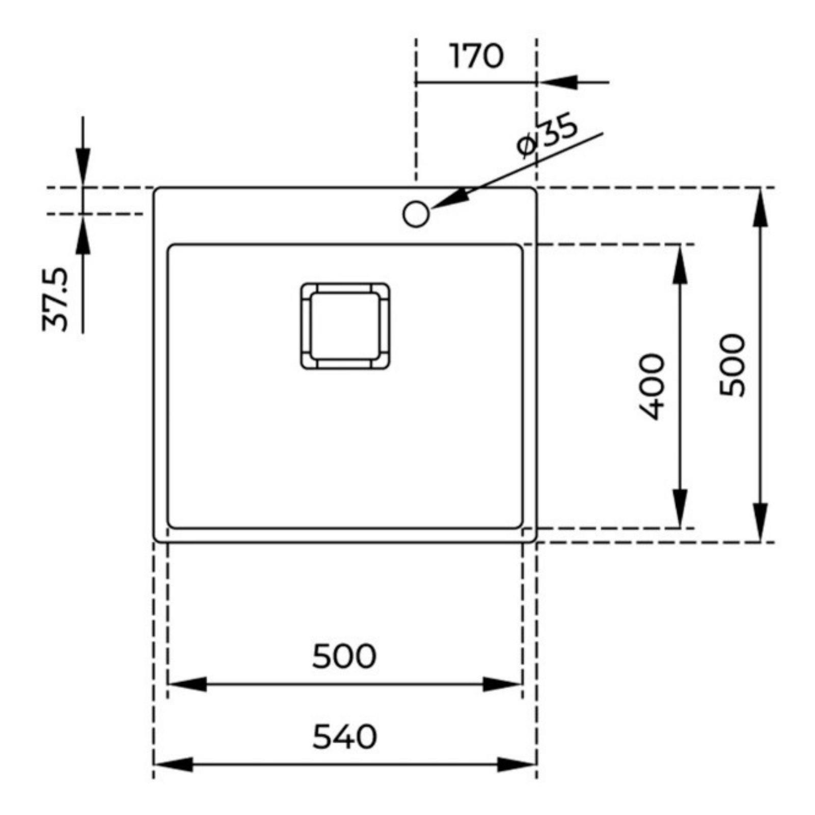 540x500 mm ölçülerinde ve 35 mm armatür delikli dikdörtgen evyenin teknik resmi.