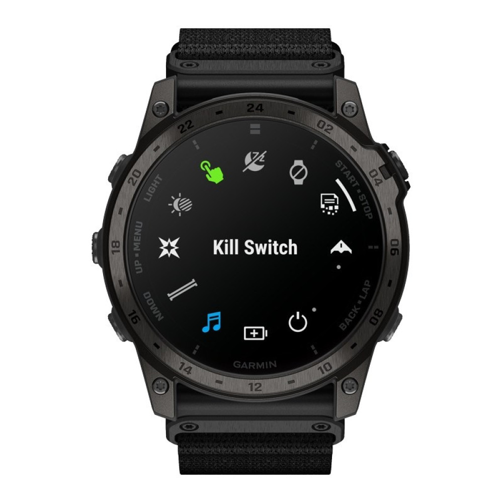 Czarny smartwatch Garmin z napisem Kill Switch na ekranie.