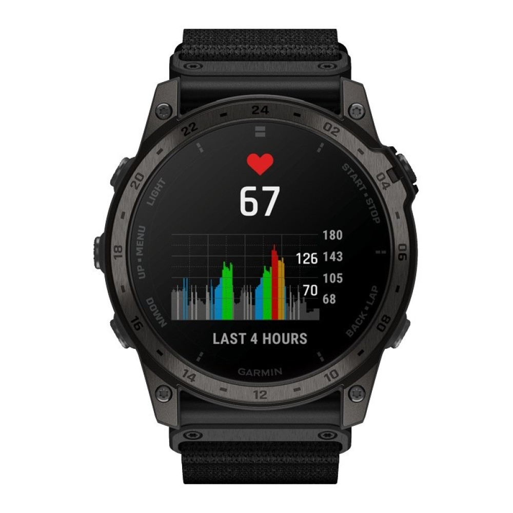 Czarny zegarek sportowy Garmin pokazujący tętno 67 i kolorowy wykres aktywności.