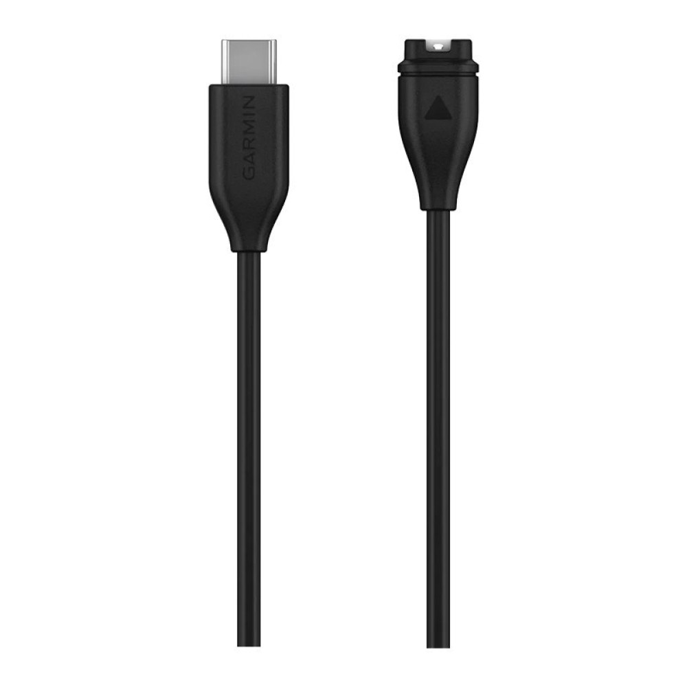 Czarny kabel ładujący Garmin ze złączem USB-C i specjalną wtyczką do zegarka na białym tle.