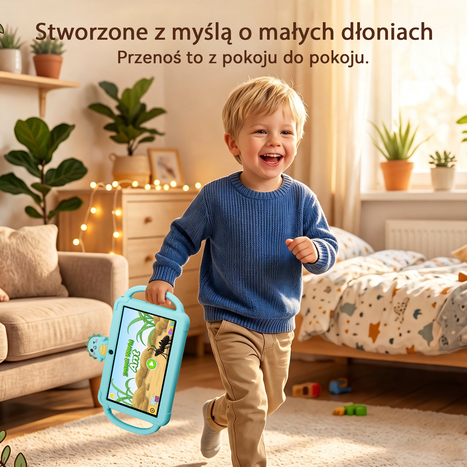 Szczęśliwy chłopiec w niebieskim swetrze biegnie przez słoneczny pokój z niebieskim tabletem.