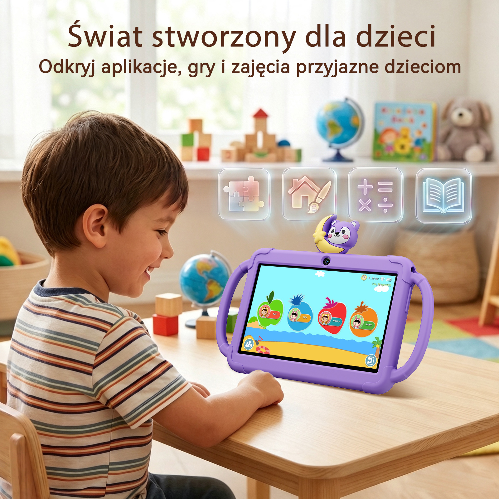 Uśmiechnięty chłopiec korzysta z fioletowego tabletu dla dzieci przy drewnianym biurku z ikonami.