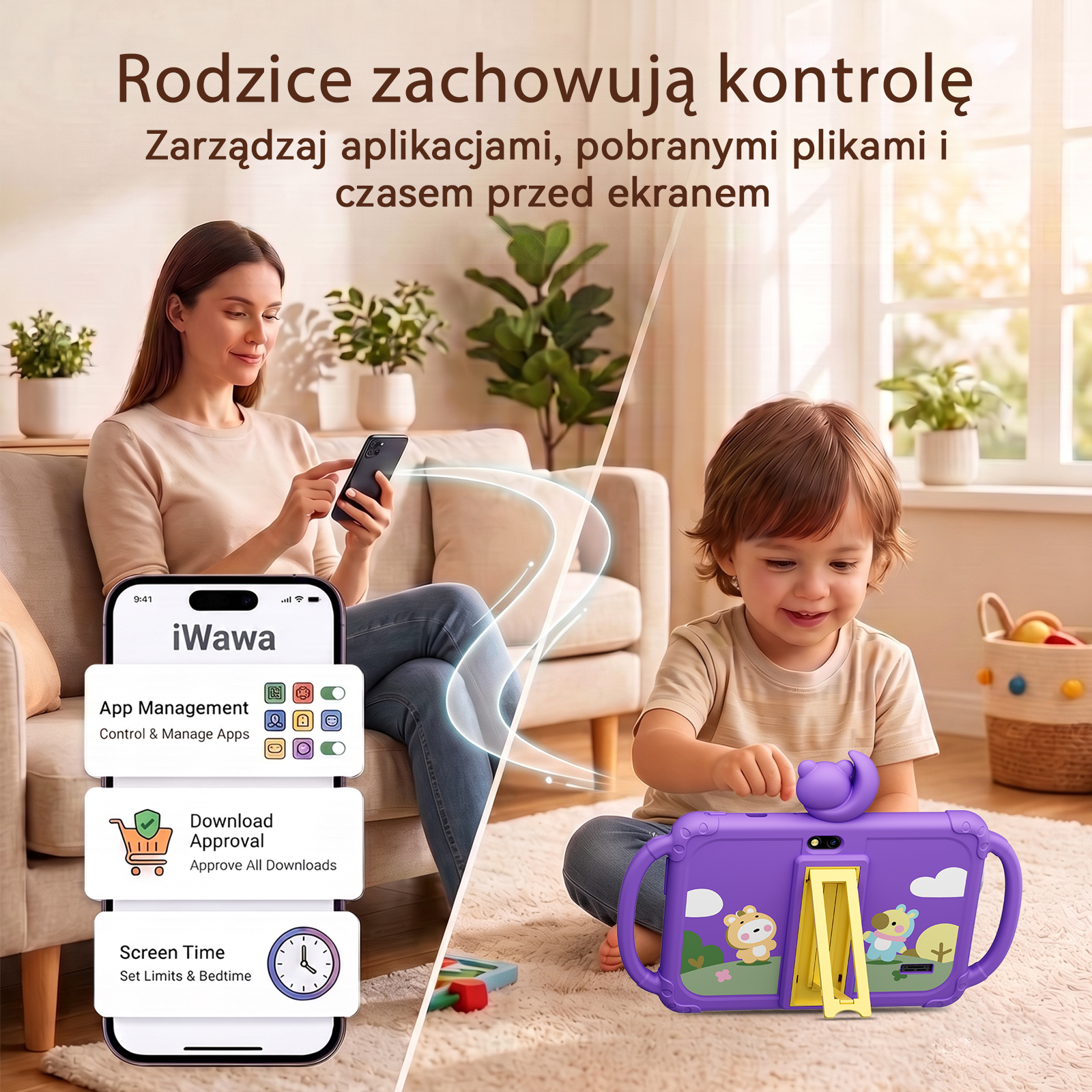 Mama na kanapie korzysta ze smartfona, podczas gdy dziecko siedzi na dywanie i bawi się fioletowym tabletem.