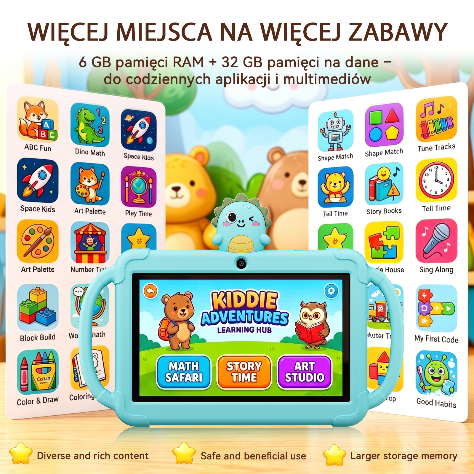 Jasnoniebieski tablet dla dzieci w obudowie prezentuje gry edukacyjne, otoczony kolorowymi kartami aplikacji.