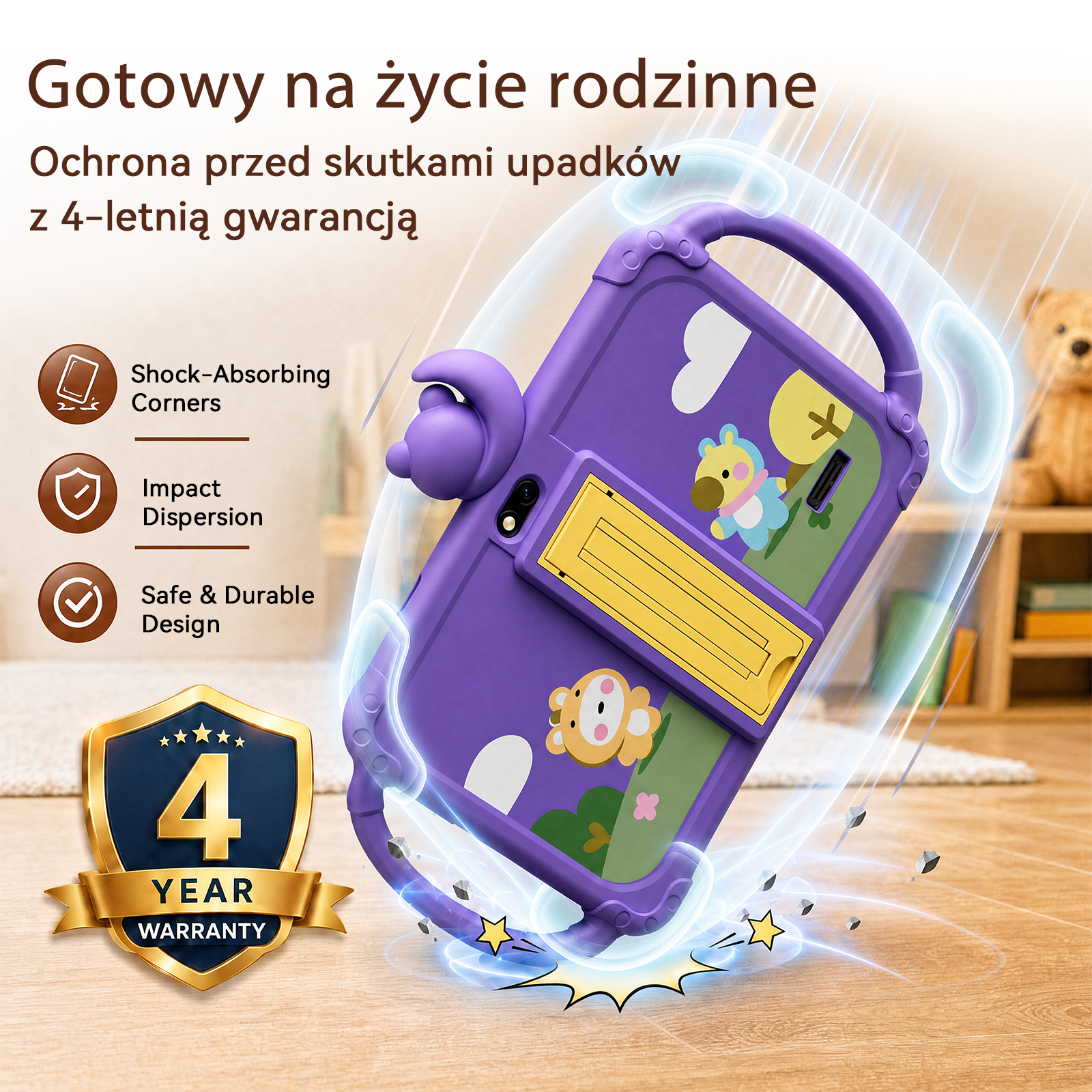 Fioletowe etui ochronne z motywem misia, uchwytem i 4-letnią gwarancją.