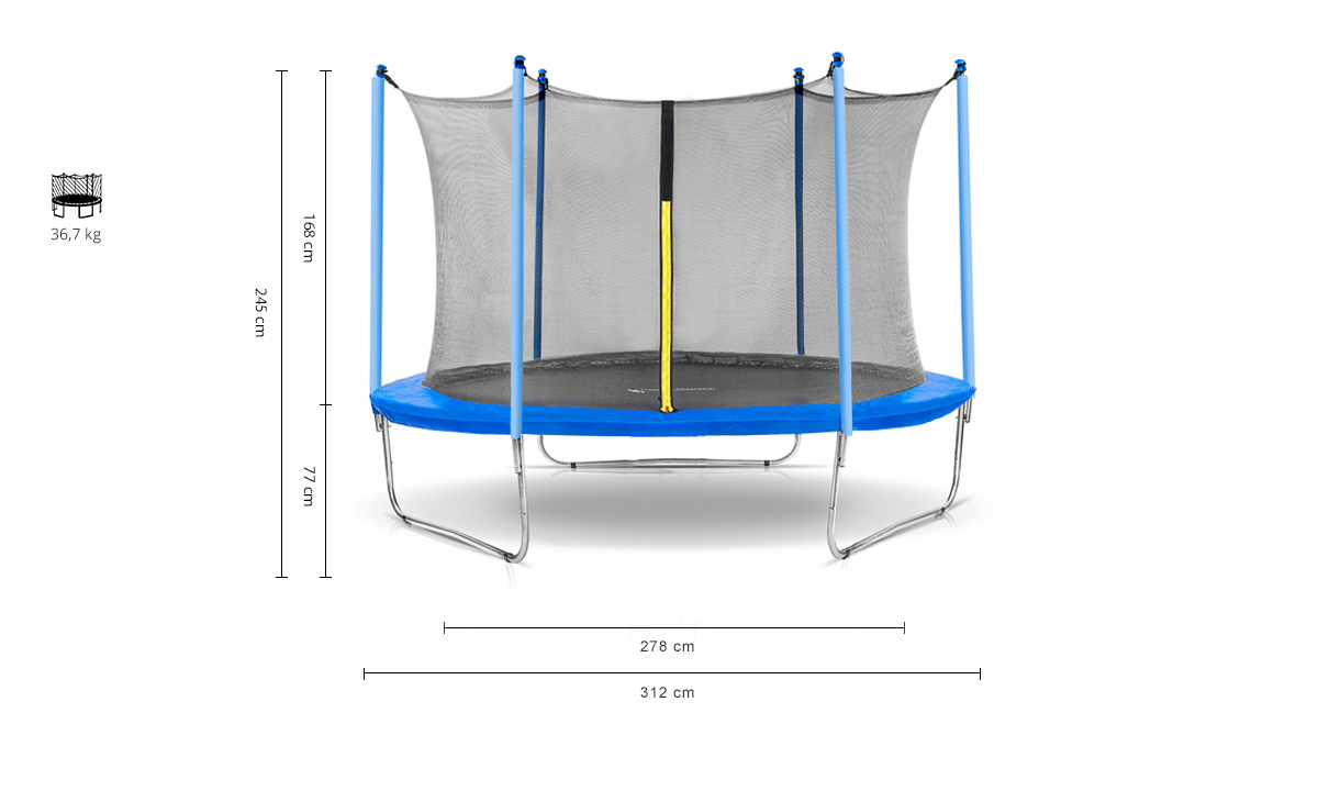 Okrągła trampolina ogrodowa z niebieską osłoną, siatką zabezpieczającą i wymiarami na białym tle.