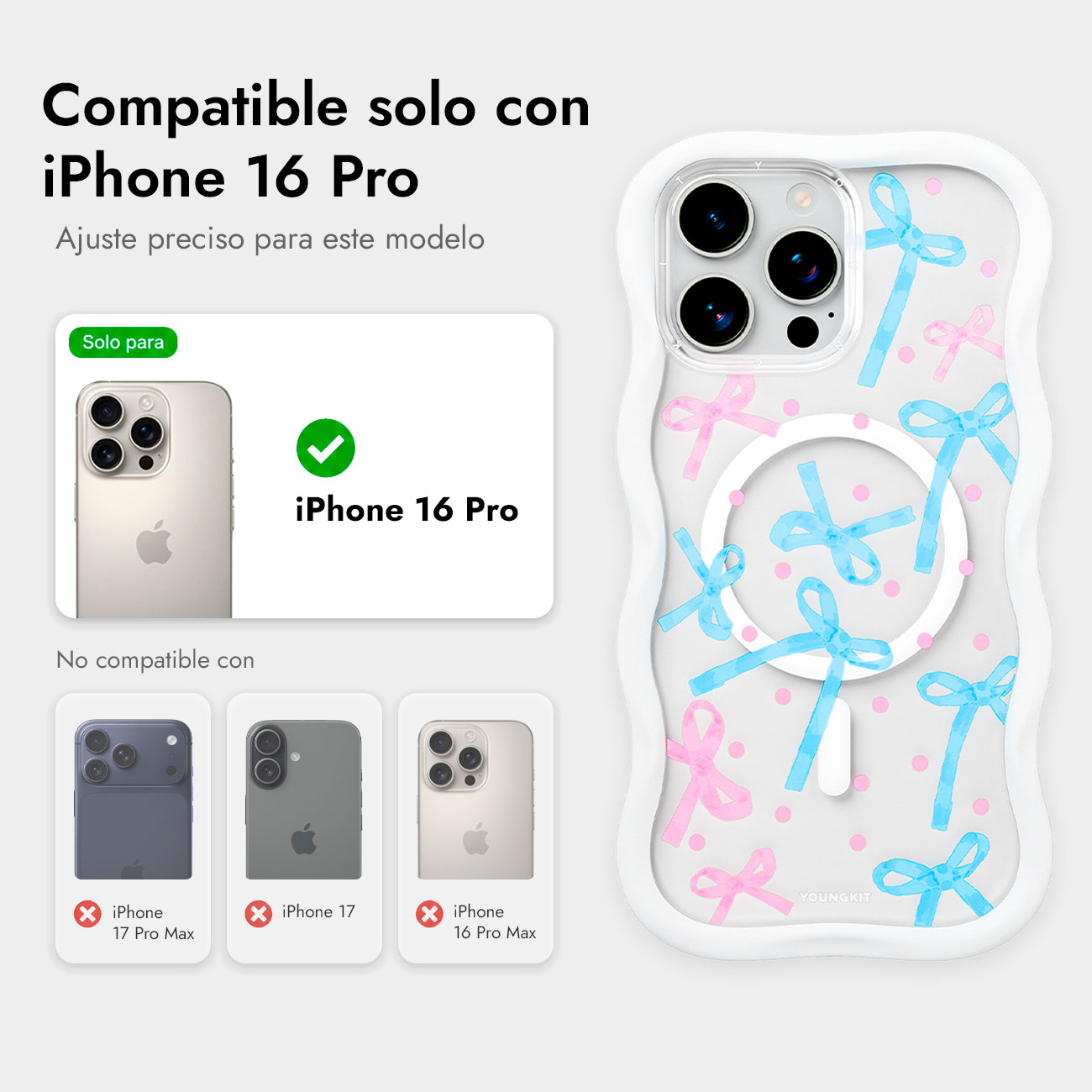 Funda blanca ondulada con lazos azules y rosas y guía de compatibilidad para iPhone 16 Pro.
