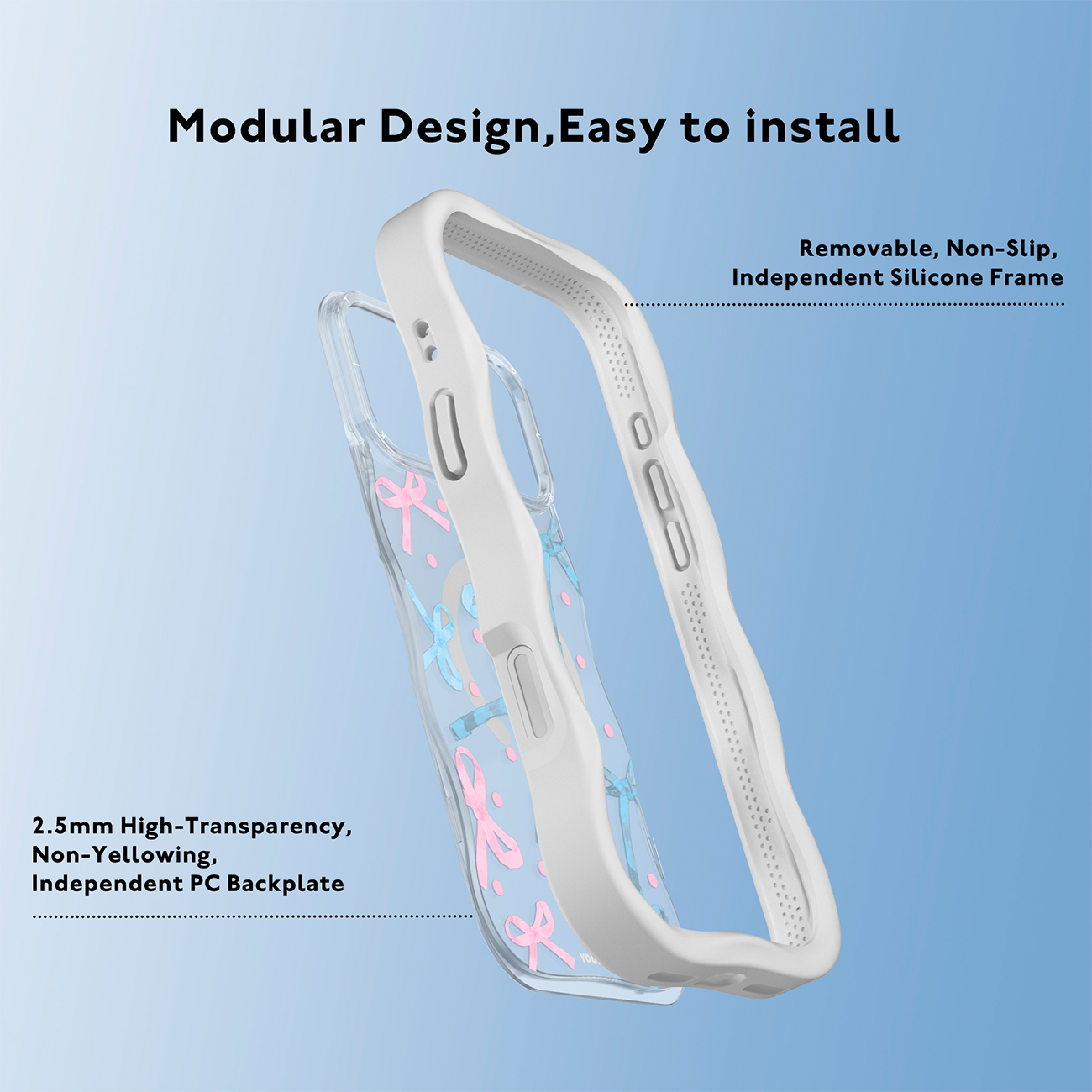 Funda de móvil modular con marco de silicona blanca y trasera transparente con lazos rosas y azules.