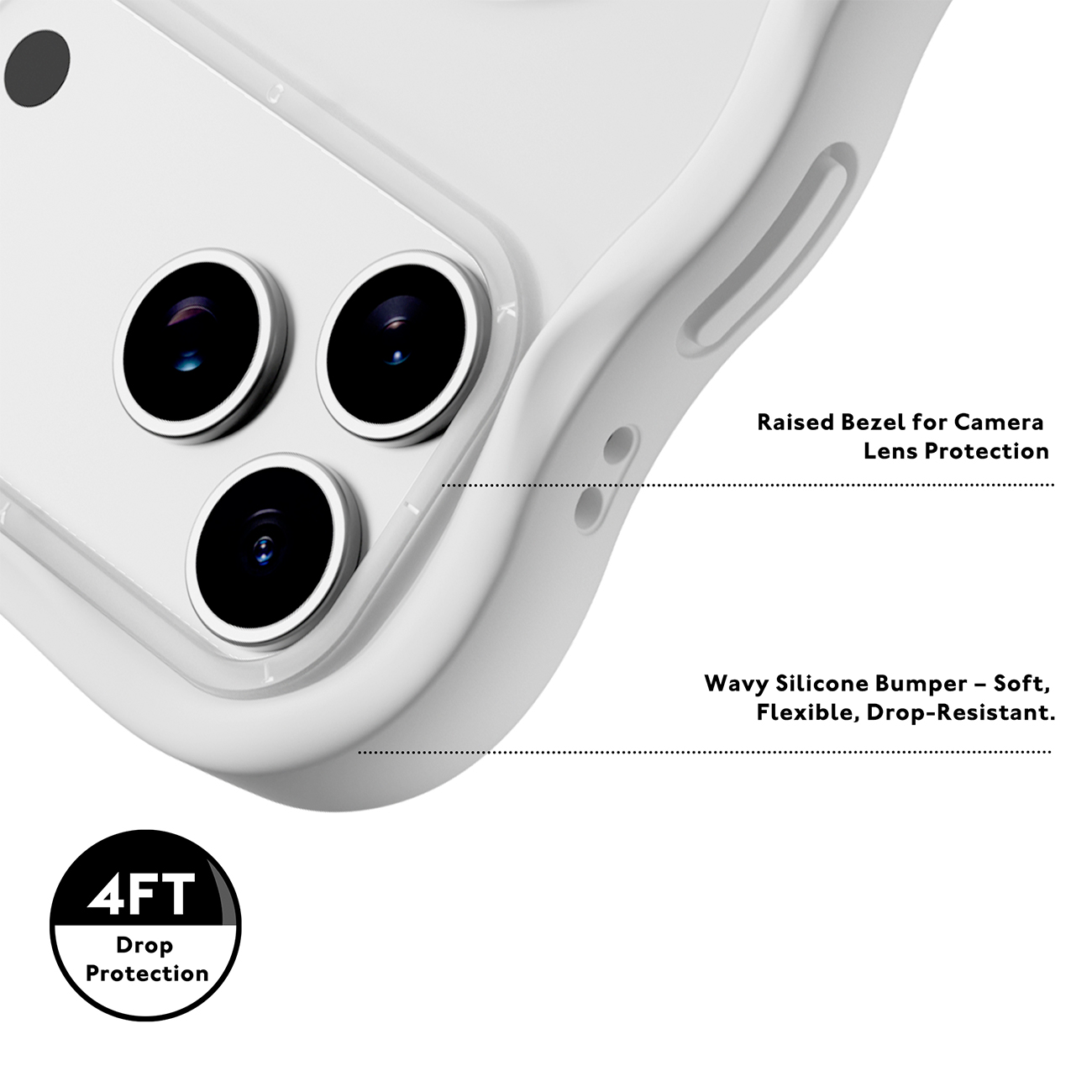 Primer plano de una funda de teléfono blanca con bisel de cámara elevado y parachoques de silicona.