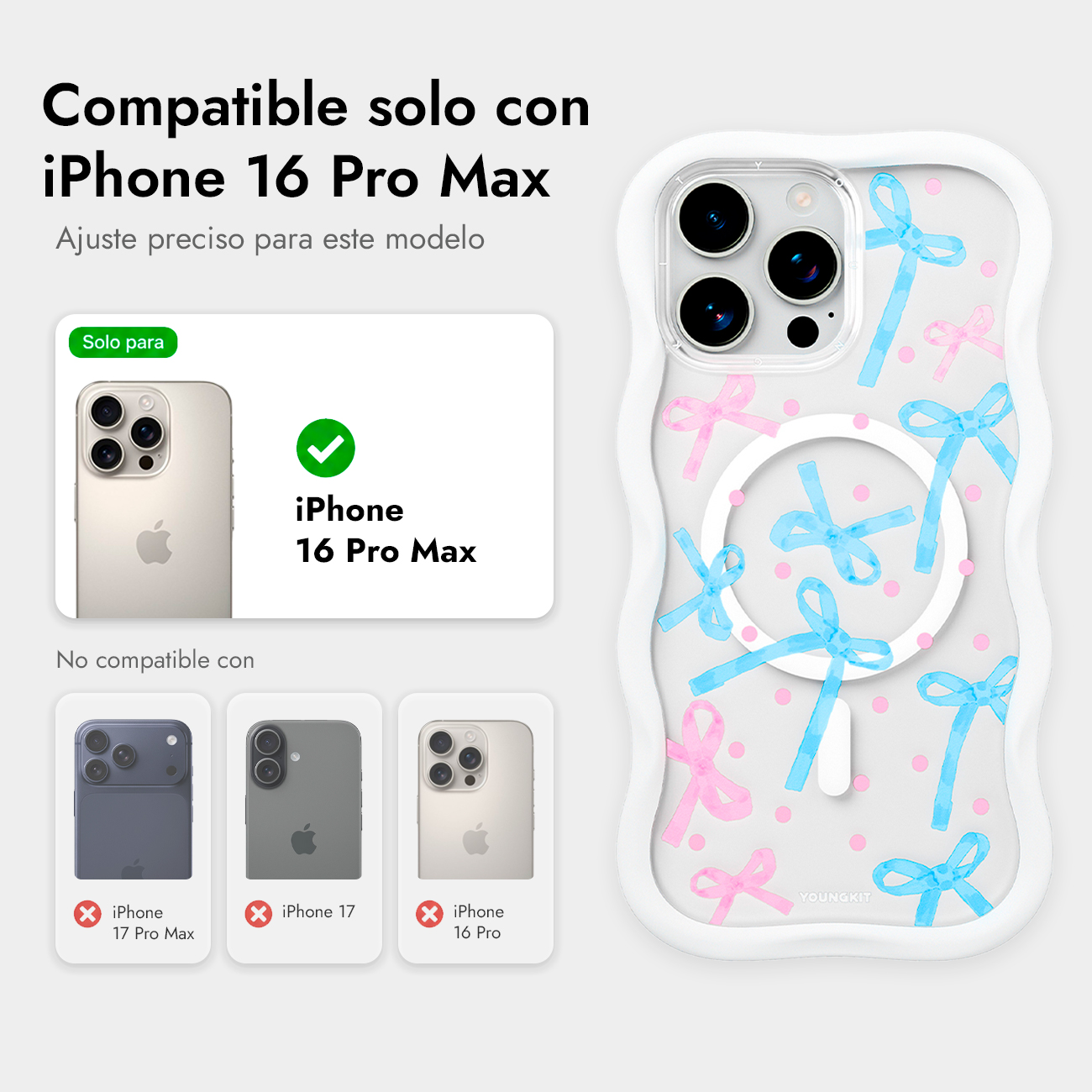Funda ondulada para iPhone 16 Pro Max con lazos azules y puntos rosas, mostrando compatibilidad.