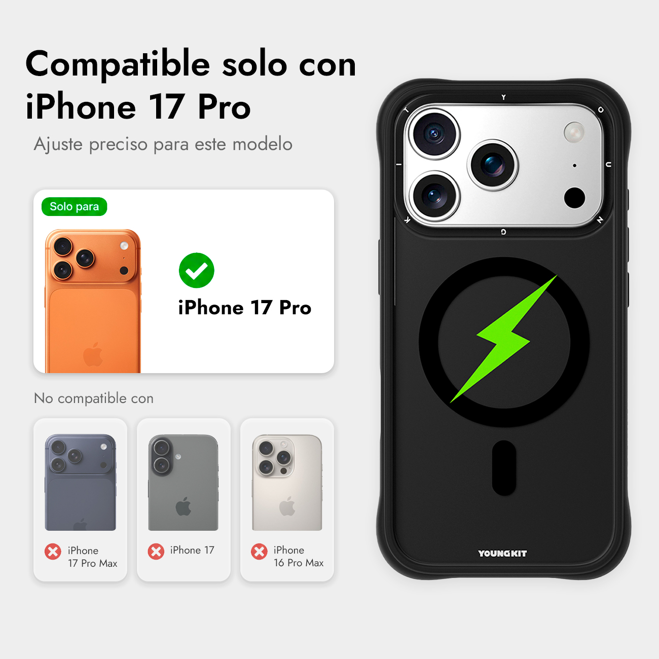 Funda negra Youngkit con MagSafe para iPhone 17 Pro, incompatible con otros modelos.