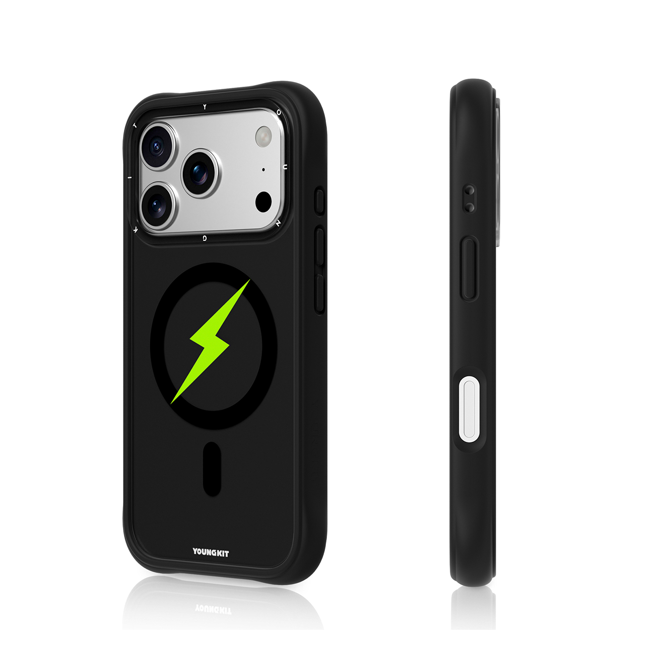 Funda de teléfono negra con un símbolo de rayo verde en la parte trasera y recorte de cámara.