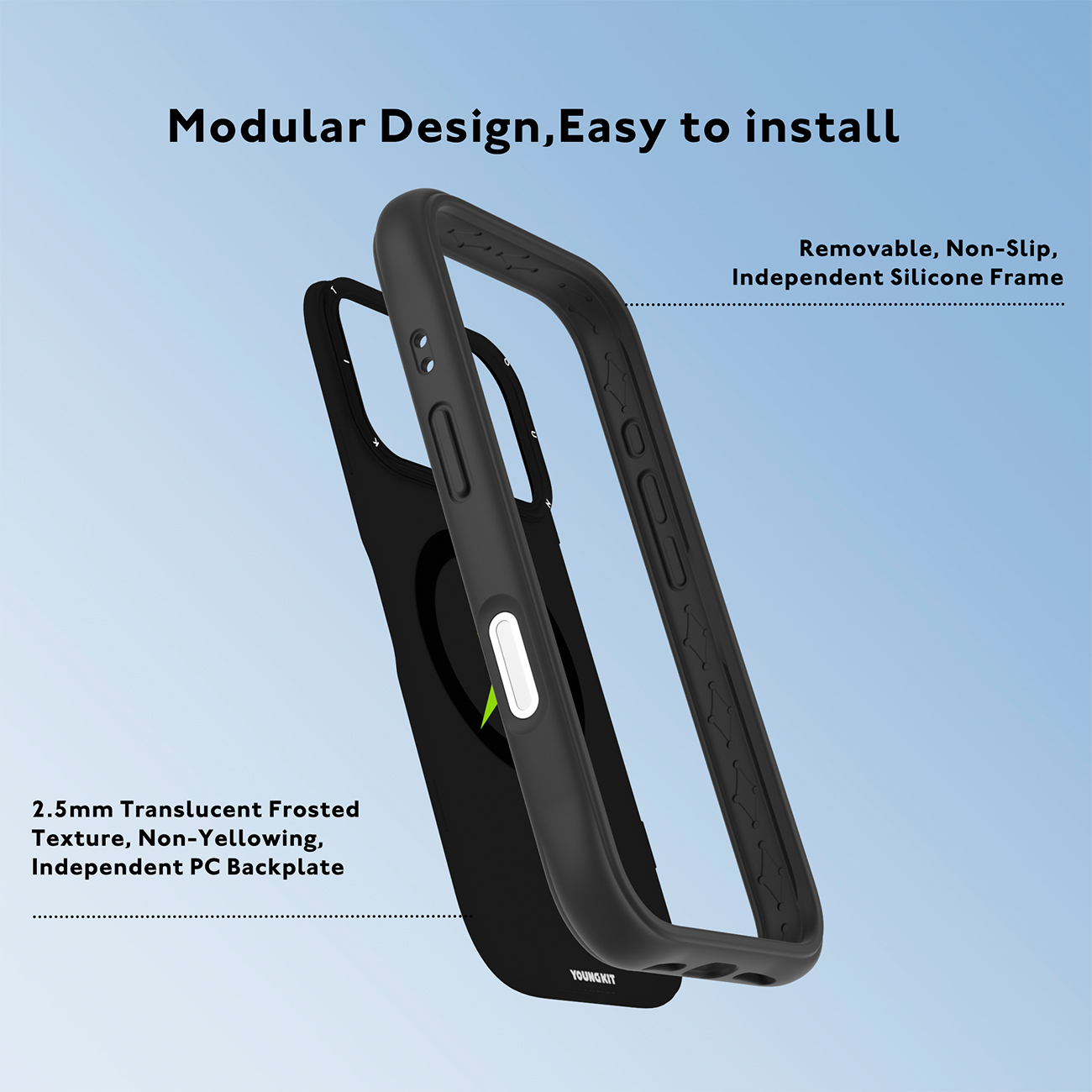 Una funda de móvil modular negra con marco de silicona extraíble y trasera translúcida sobre fondo azul degradado.