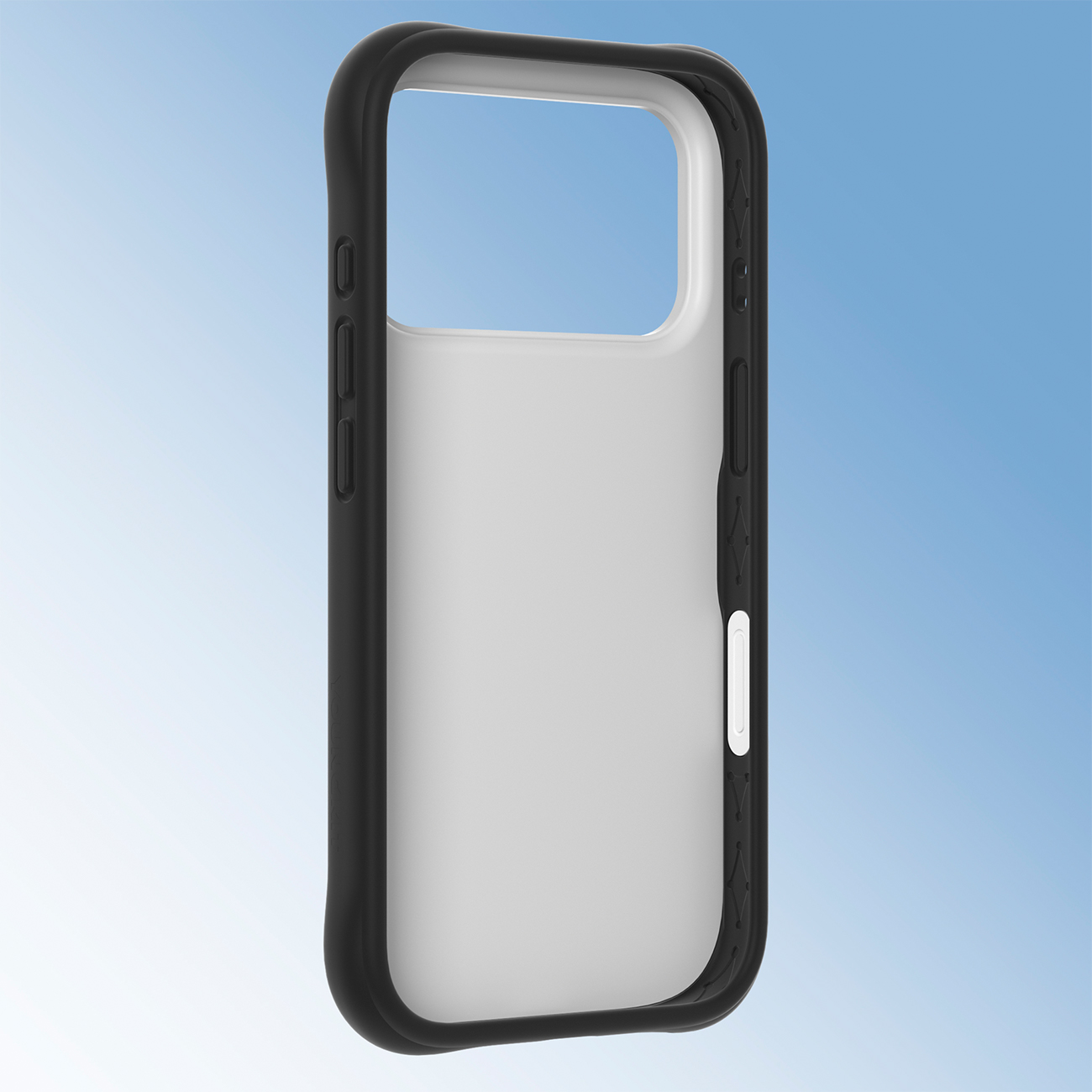 Una funda de smartphone negra y blanca sobre fondo azul.