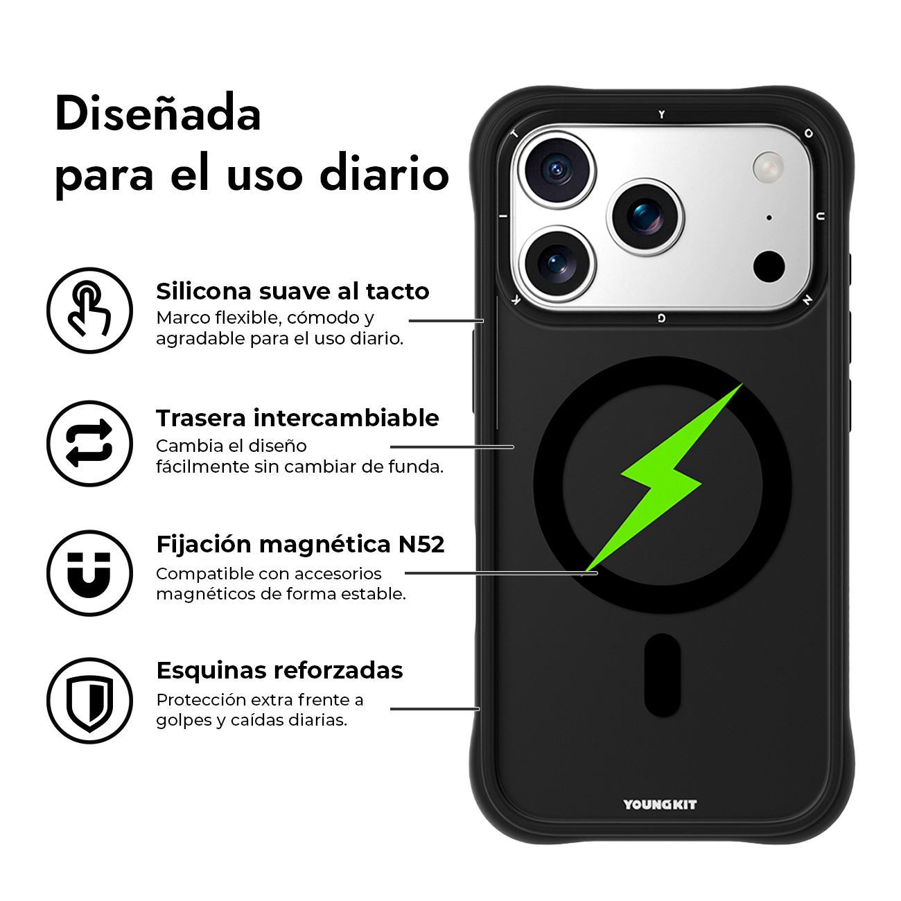 Funda negra para smartphone con anillo magnético, recorte de cámara y características.
