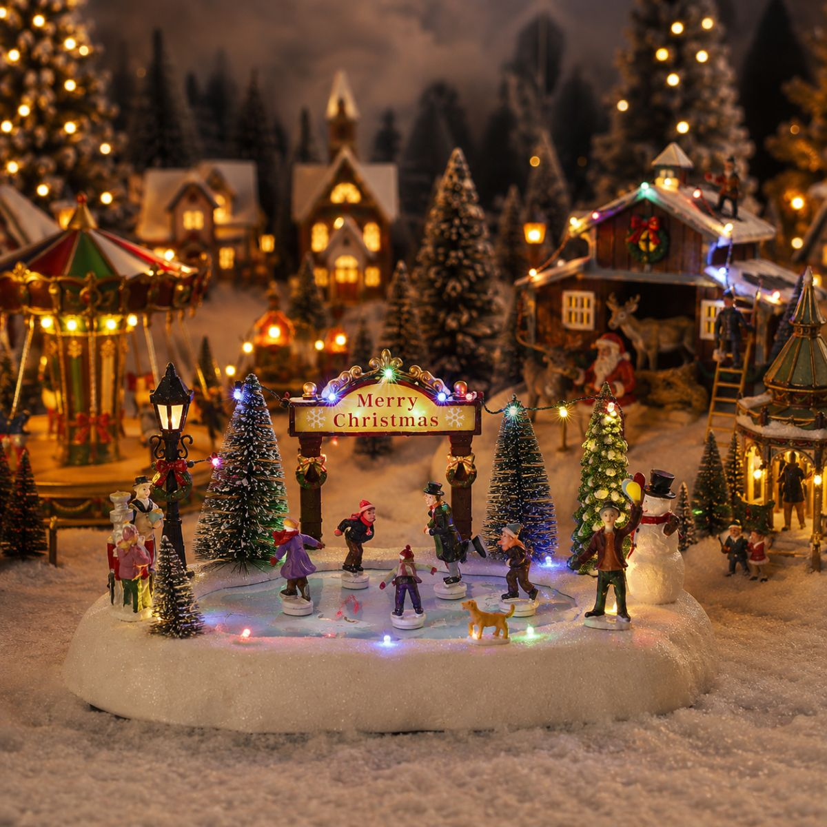 Village de Noël enneigé avec figurines patinant sous une arche Joyeux Noël, entouré de lumières.