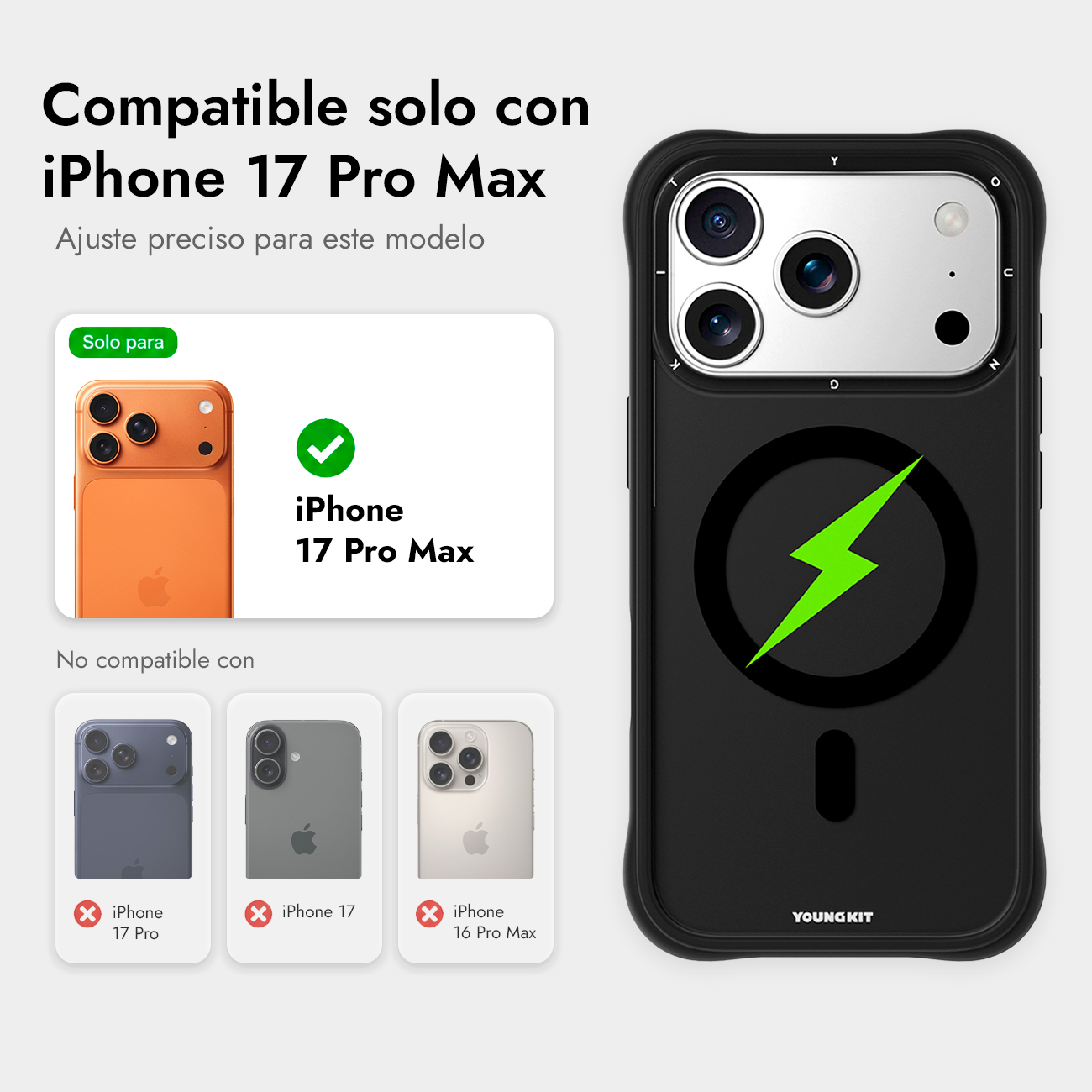 Funda negra con marco de cámara plateado y un rayo verde, compatible solo con iPhone 17 Pro Max.