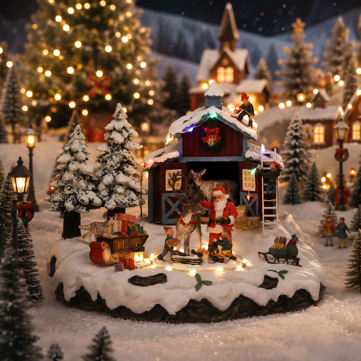 Miniature de village de Noël illuminé avec le Père Noël, des rennes, des arbres enneigés et de petites maisons.