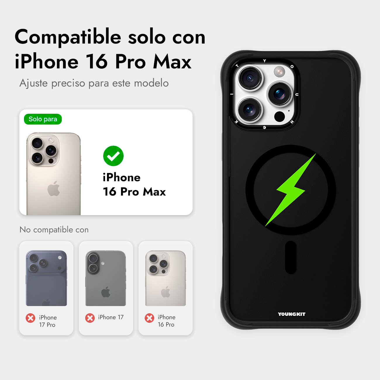 Funda negra con símbolo de rayo verde, compatible solo con iPhone 16 Pro Max.
