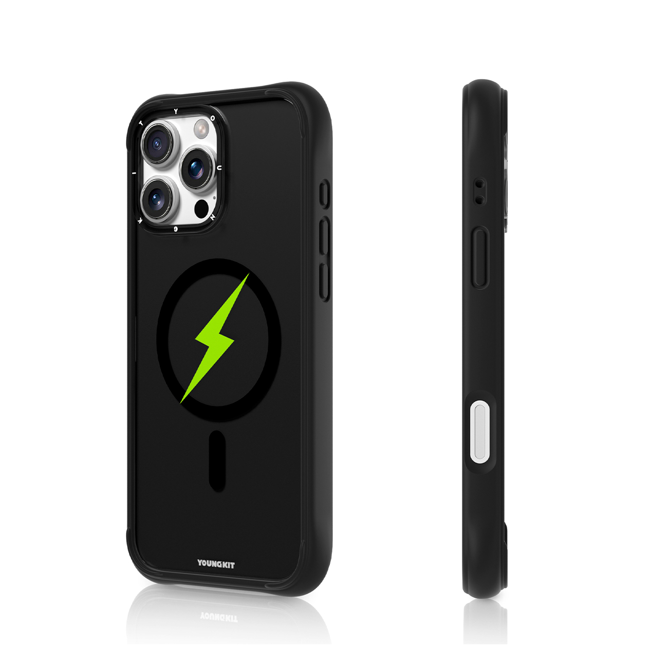 Una funda de smartphone negra con un rayo verde neón y botones en el lateral.
