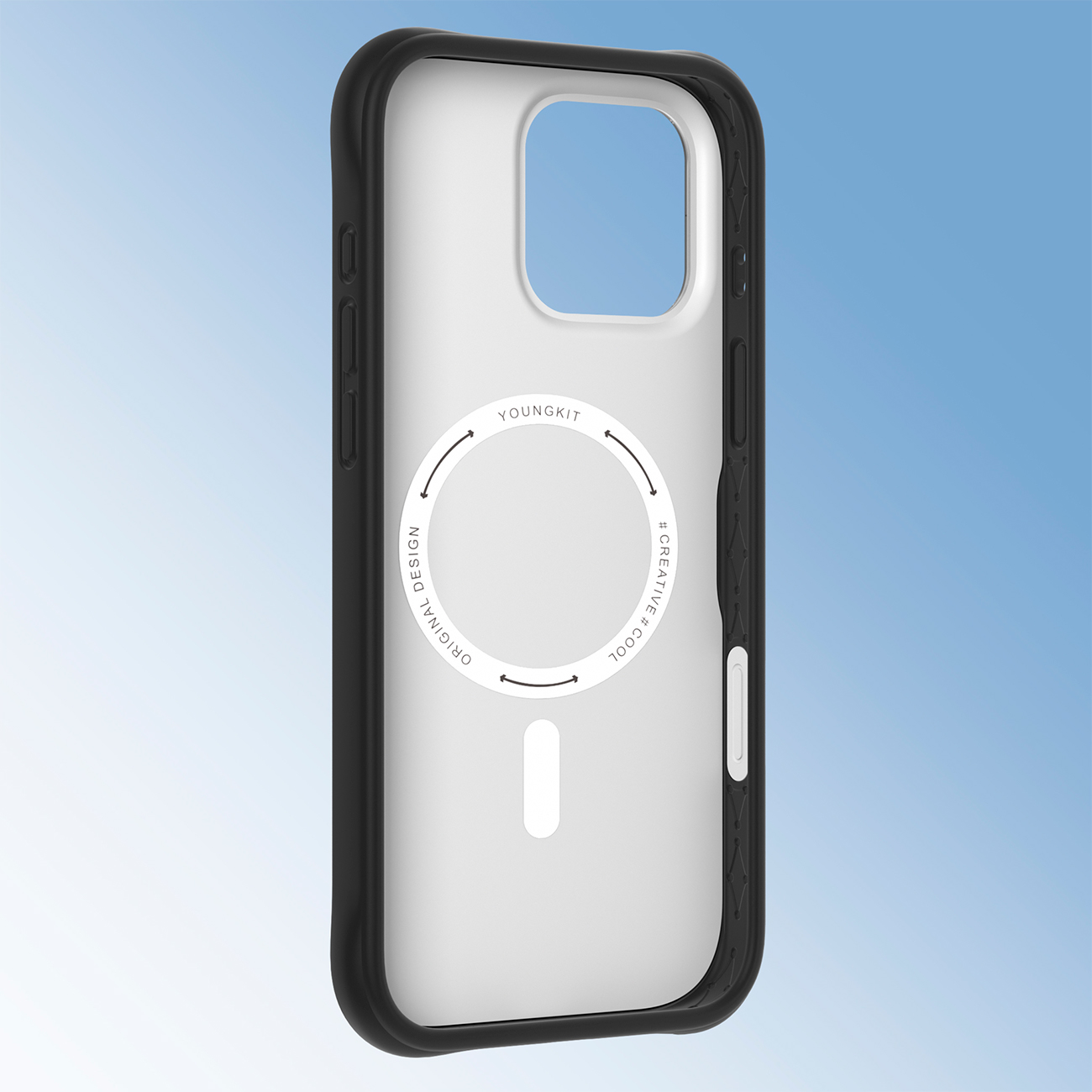Una funda para teléfono inteligente negra y semitransparente con un logotipo circular sobre fondo azul.