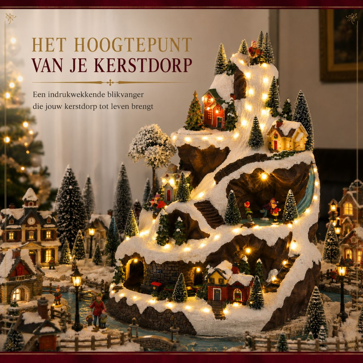 Verlicht kerstdorp berglandschap met sneeuw, huisjes, dennenbomen en figuren.