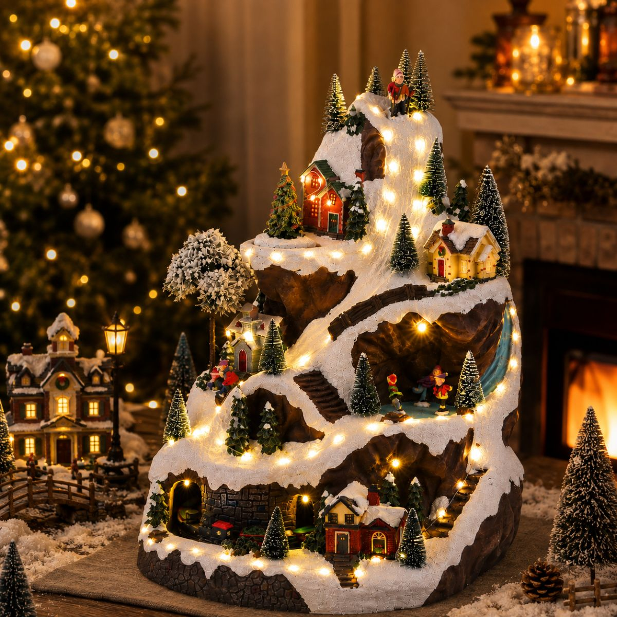 Verlicht kerstdorp op een besneeuwde berg met kleine huizen, bomen en figuren, tegen de achtergrond van een kerstboom.