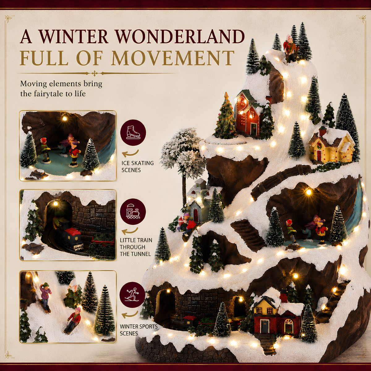 Verlicht kerstdorp op een berg met schaatsers, een trein en skiërs.