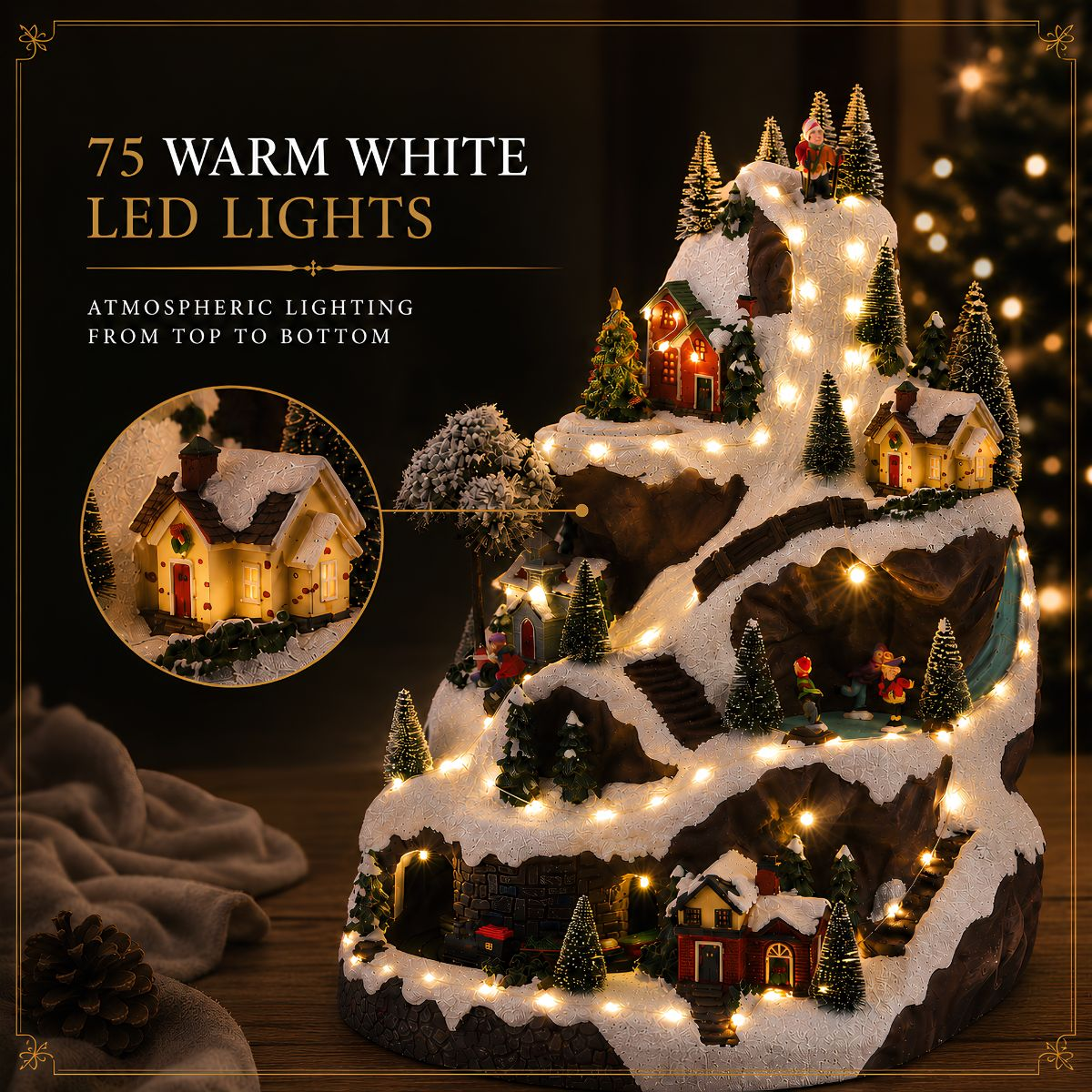 Een besneeuwd kerstdorp op een berg verlicht door warme LED-lampjes.