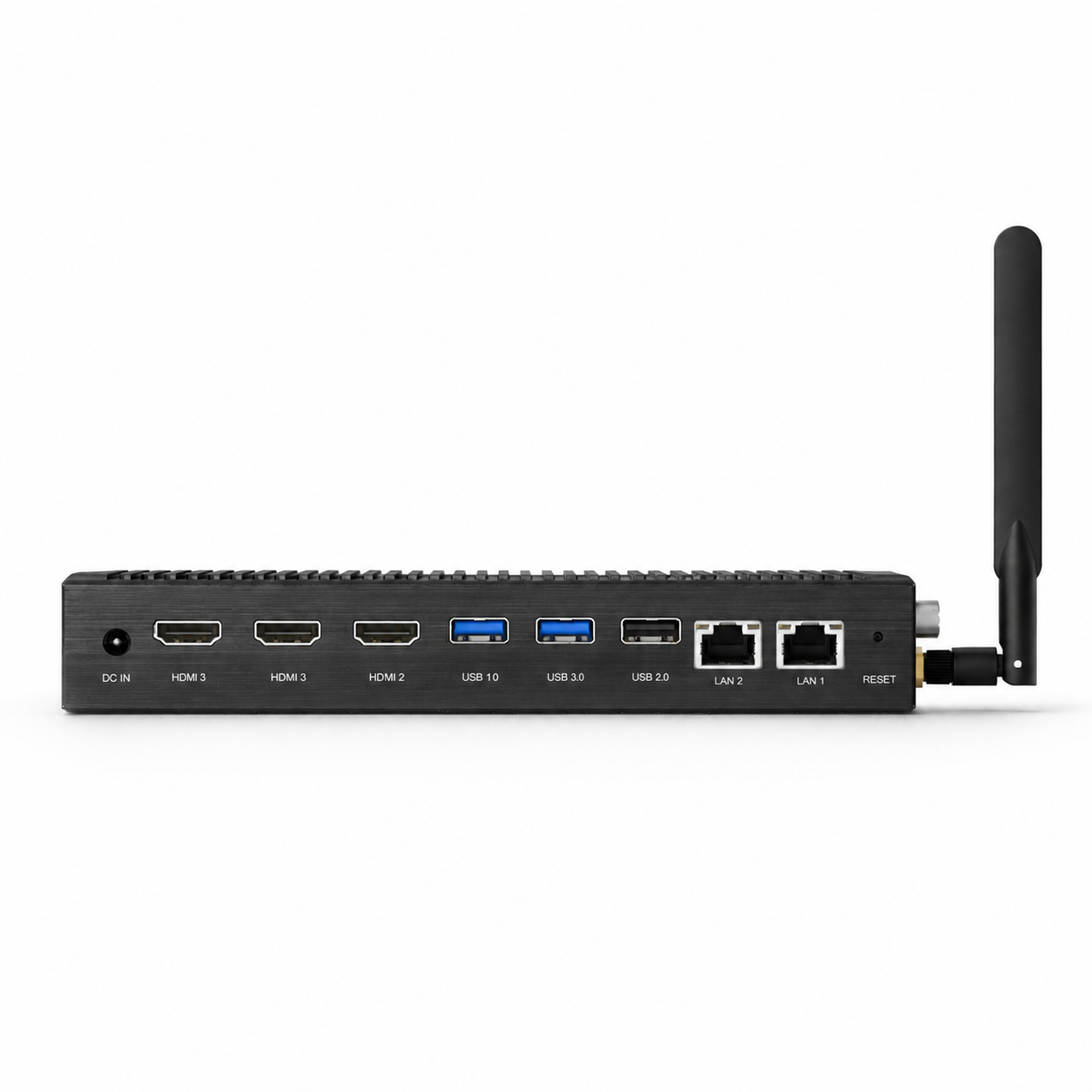 Tył czarnego mini PC z portami HDMI, USB i LAN oraz anteną po prawej stronie.