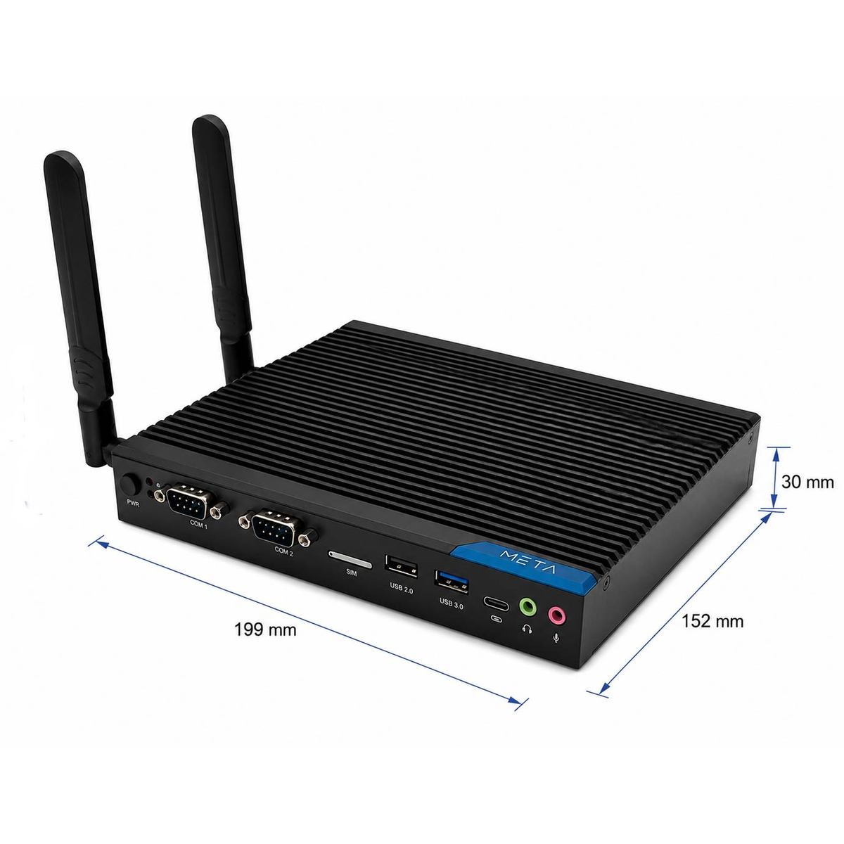 Czarny mini PC z dwiema antenami, różnymi portami i wymiarami 199x152x30 mm.