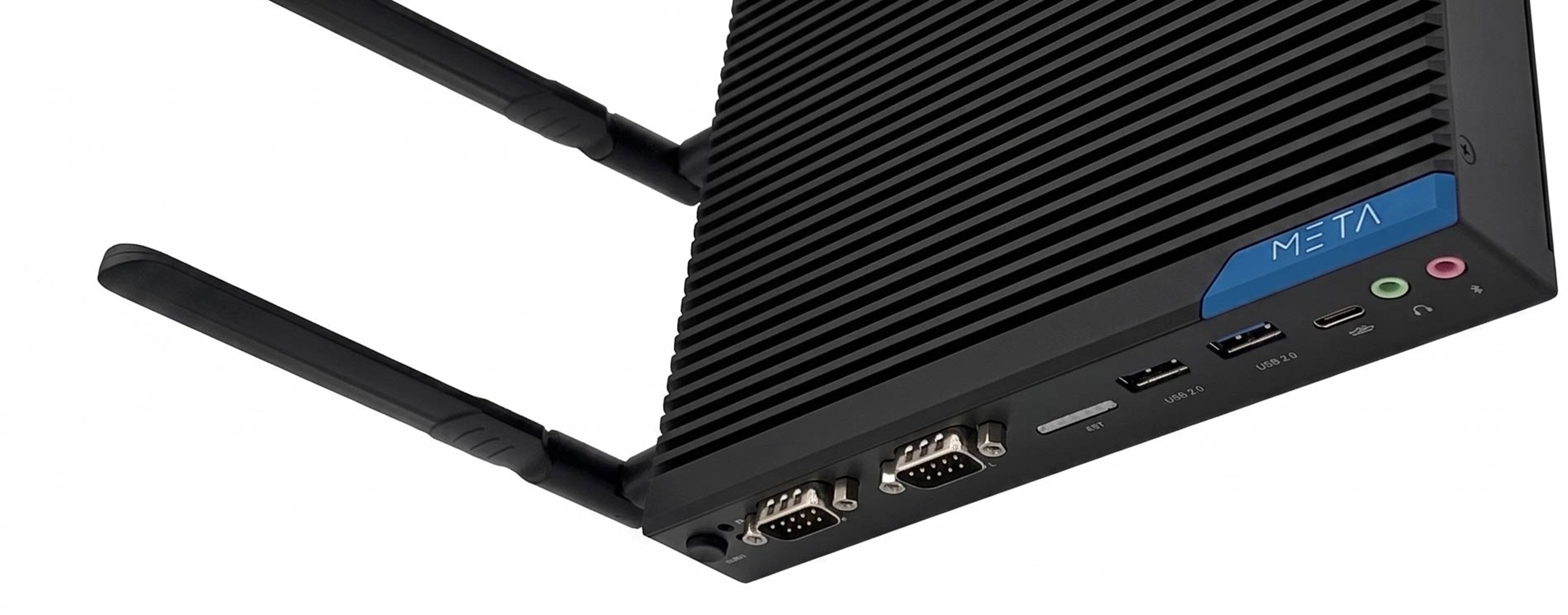 Czarny router sieciowy Meta z antenami i różnymi portami.