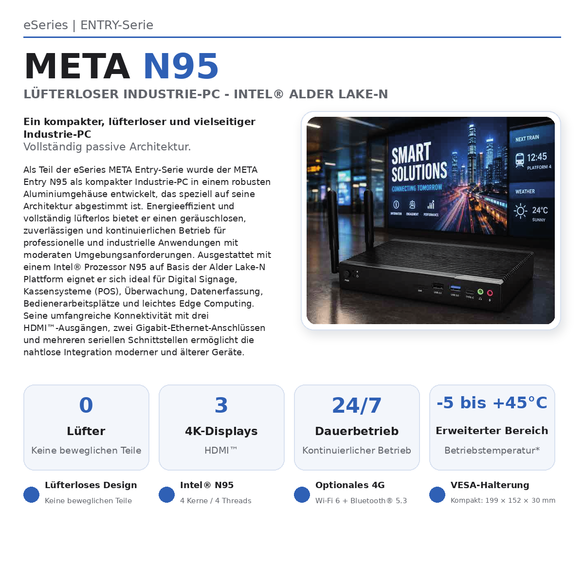 Karta produktu bezwentylatorowego komputera przemysłowego META N95 ze specyfikacją.